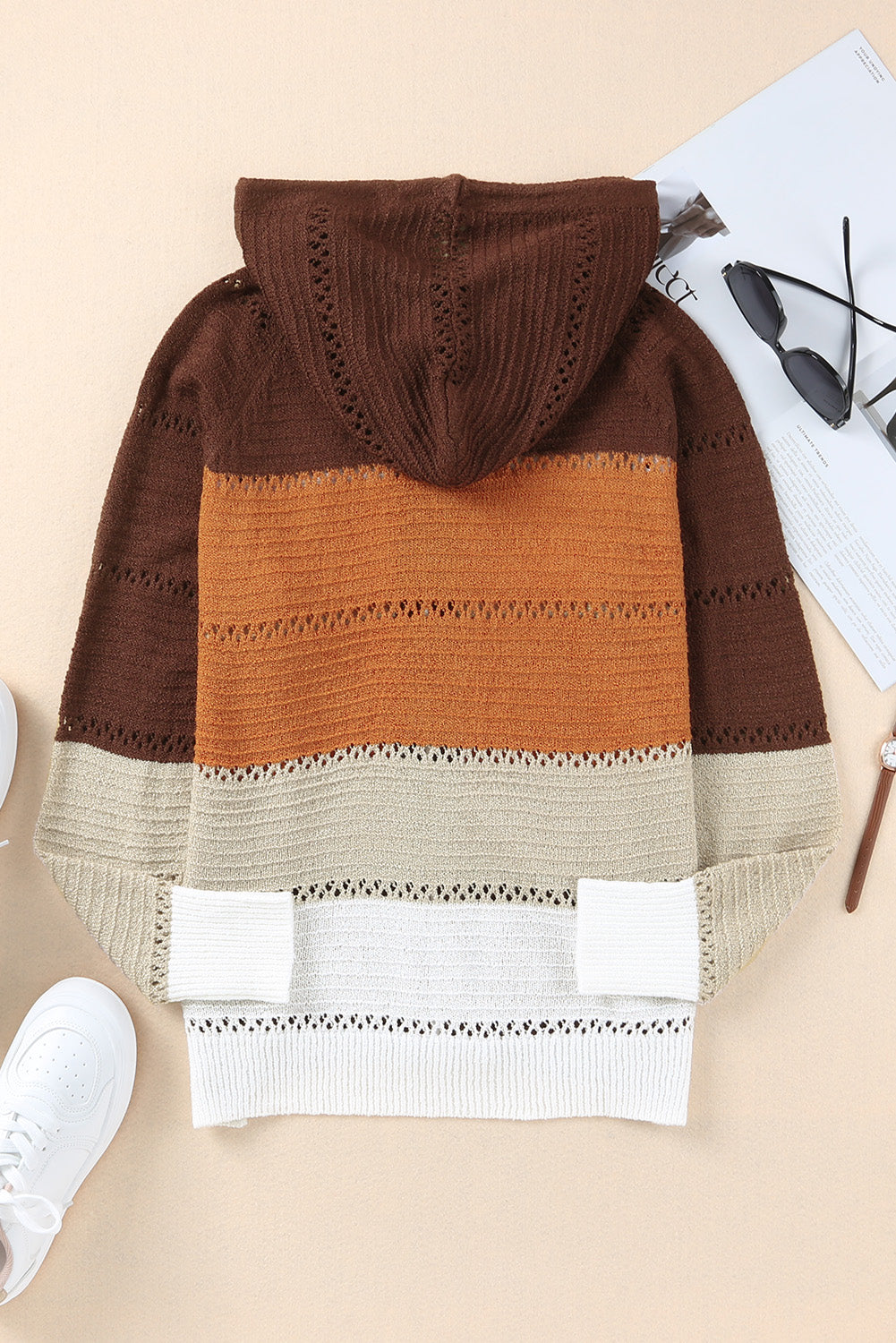 Zip-Up Raglan Sleeve Openwork Hooded Cardigan S-2XL