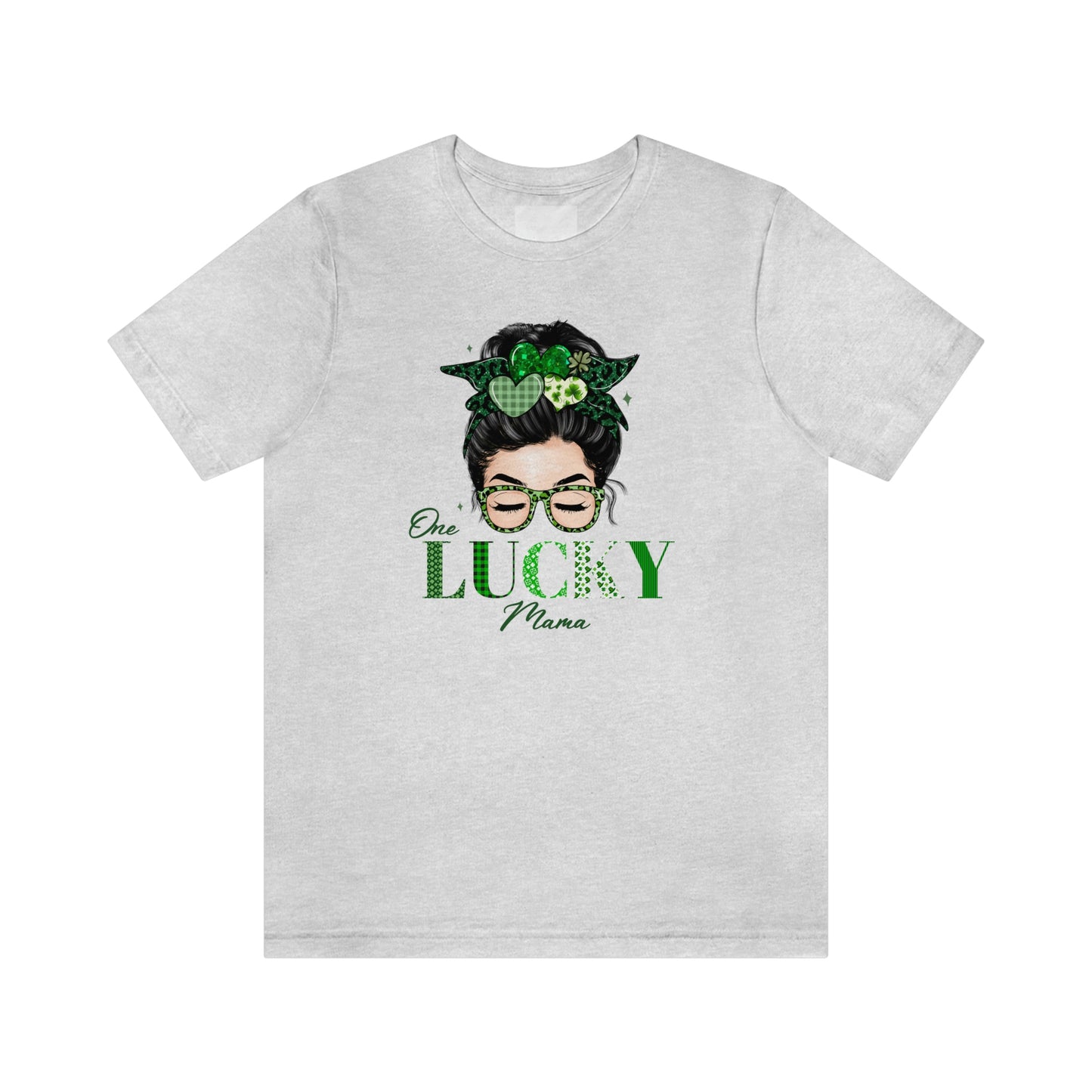 One Lucky Mama St. Patrick's Day Messy Bun Sunglasses Unisex Jersey Short Sleeve Tee S-3XL