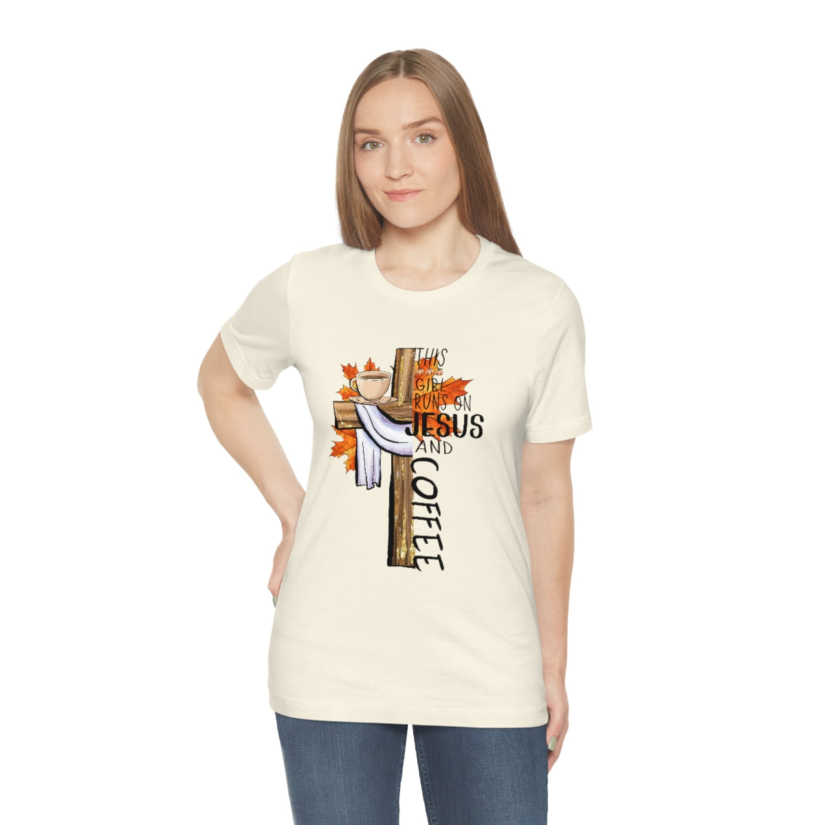This Girl Runs on Jesus and Coffee Fall Unisex Jersey Short Sleeve Tee S-3XL