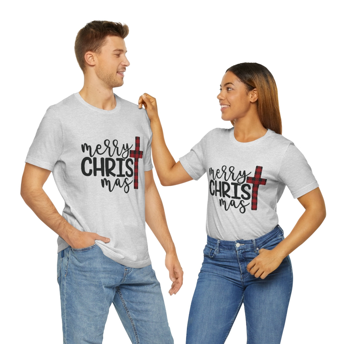 Merry Christmas with Buffalo Plaid Cross Short Sleeve Tee S-3XL
