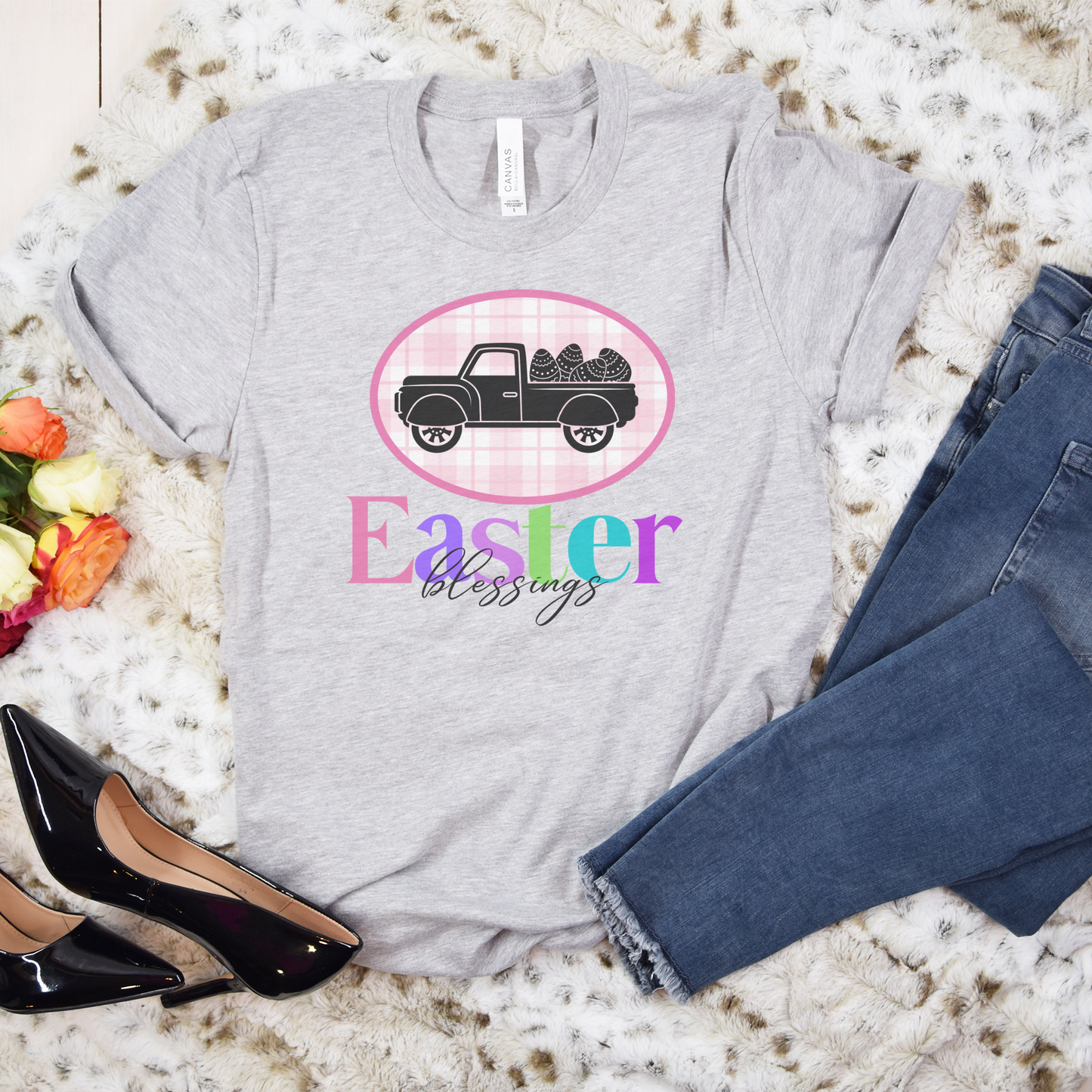 Easter Blessings Pickup Truck with Decorated Eggs Gingham Unisex Jersey Short Sleeve Tee Small-3XL