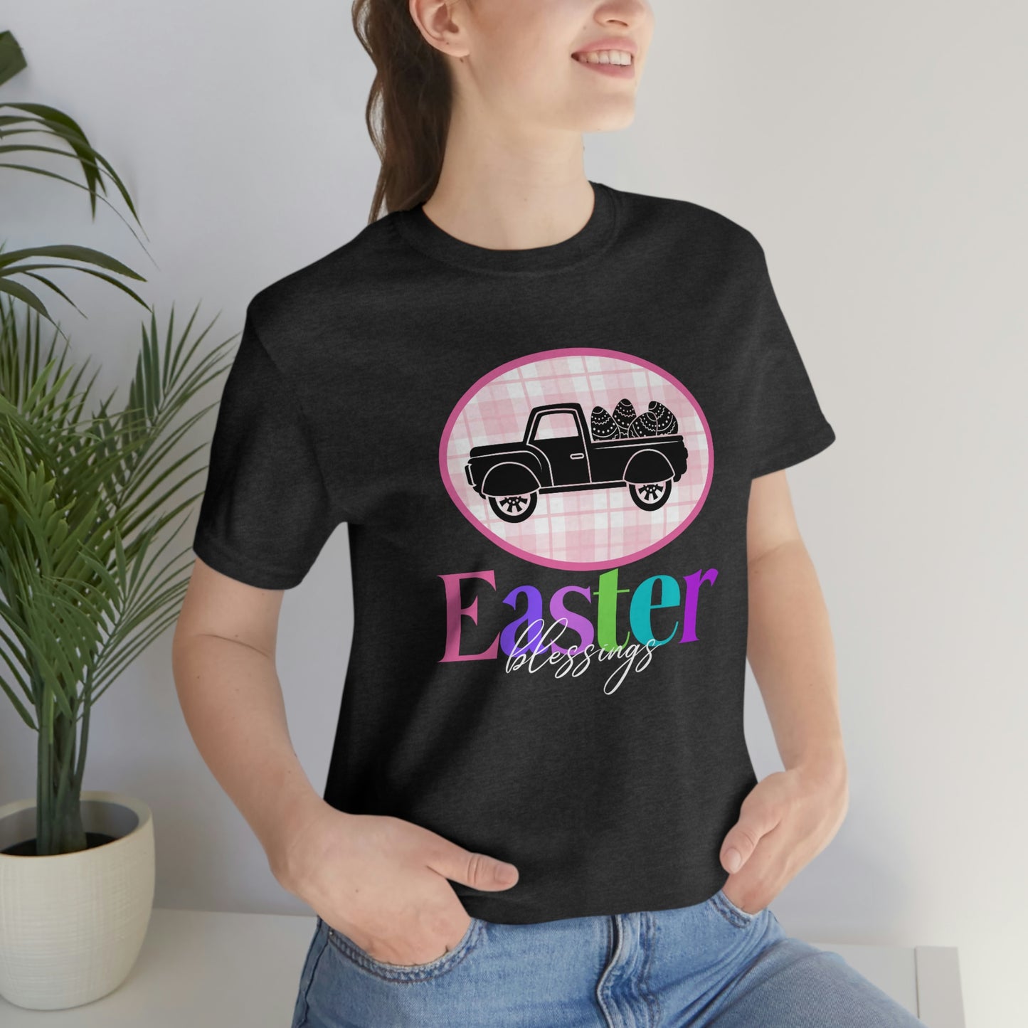Easter Blessings Pickup Truck with Decorated Eggs Gingham Unisex Jersey Short Sleeve Tee Small-3XL