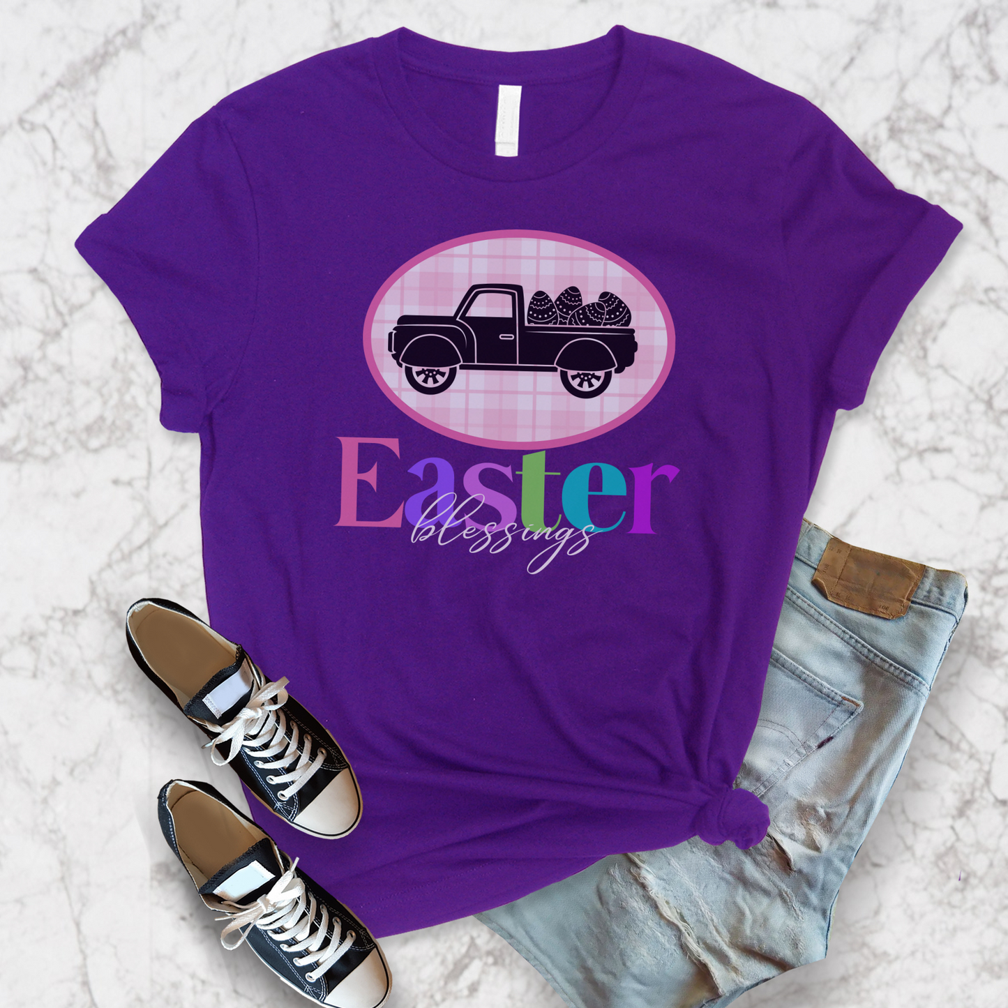 Easter Blessings Pickup Truck with Decorated Eggs Gingham Unisex Jersey Short Sleeve Tee Small-3XL