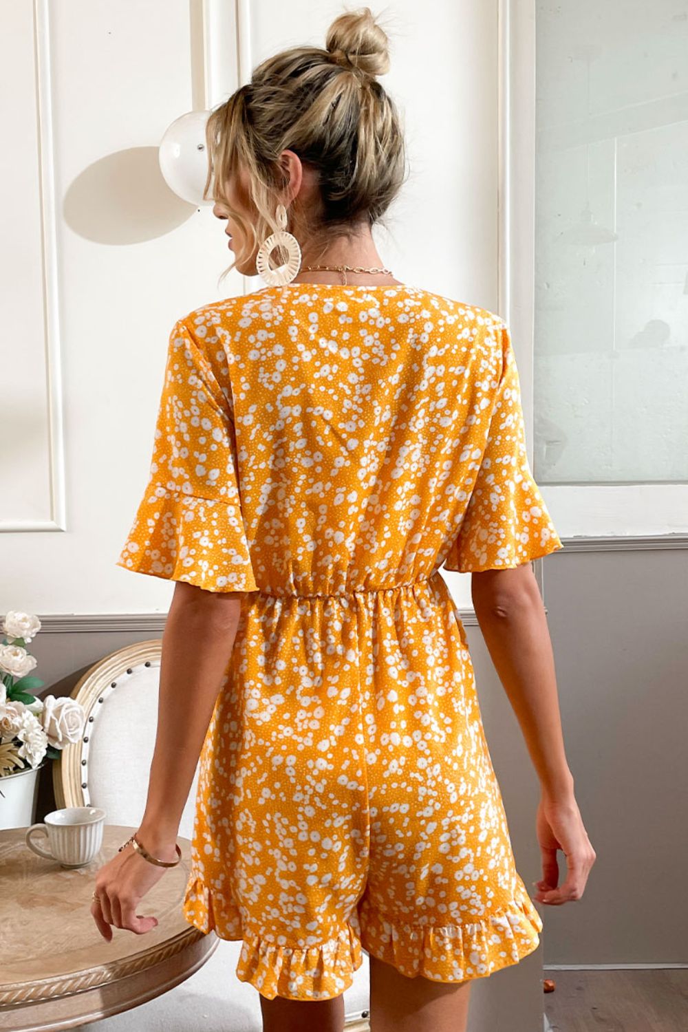 Nikki Printed Surplice Neck Ruffled Romper XS-2XL
