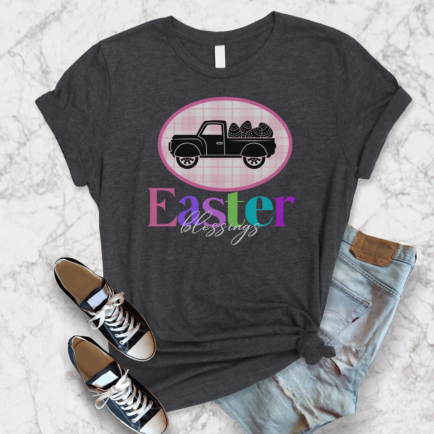 Easter Blessings Pickup Truck with Decorated Eggs Gingham Unisex Jersey Short Sleeve Tee Small-3XL