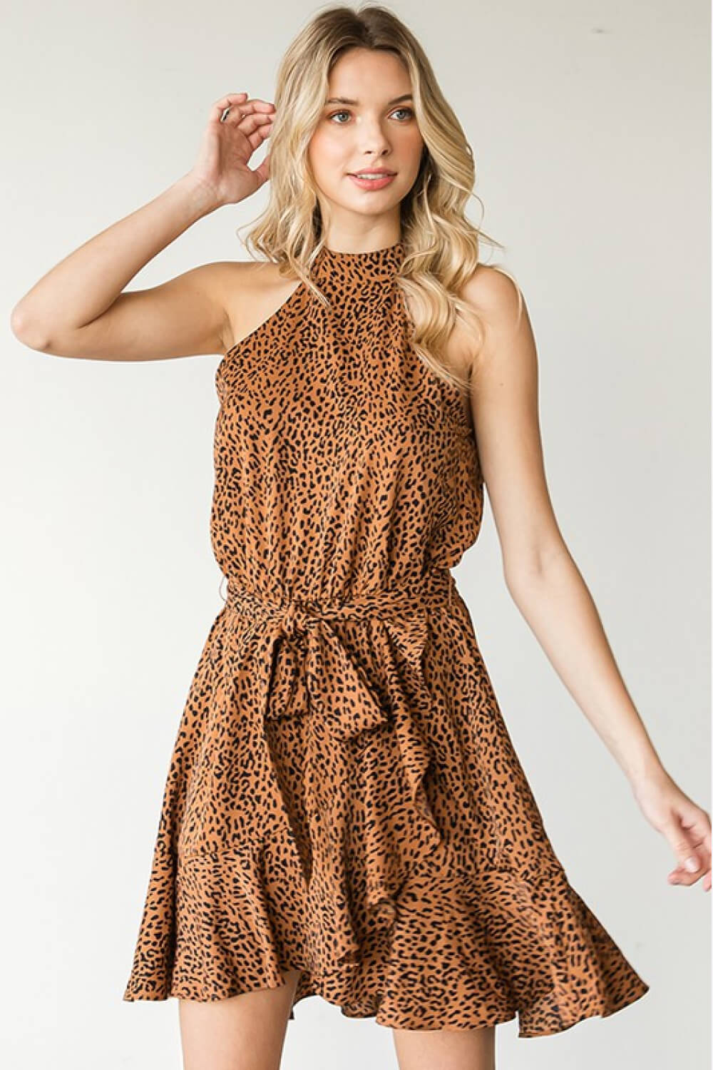 Leila Leopard Belted Sleeveless Halter Mini Dress Small-3X