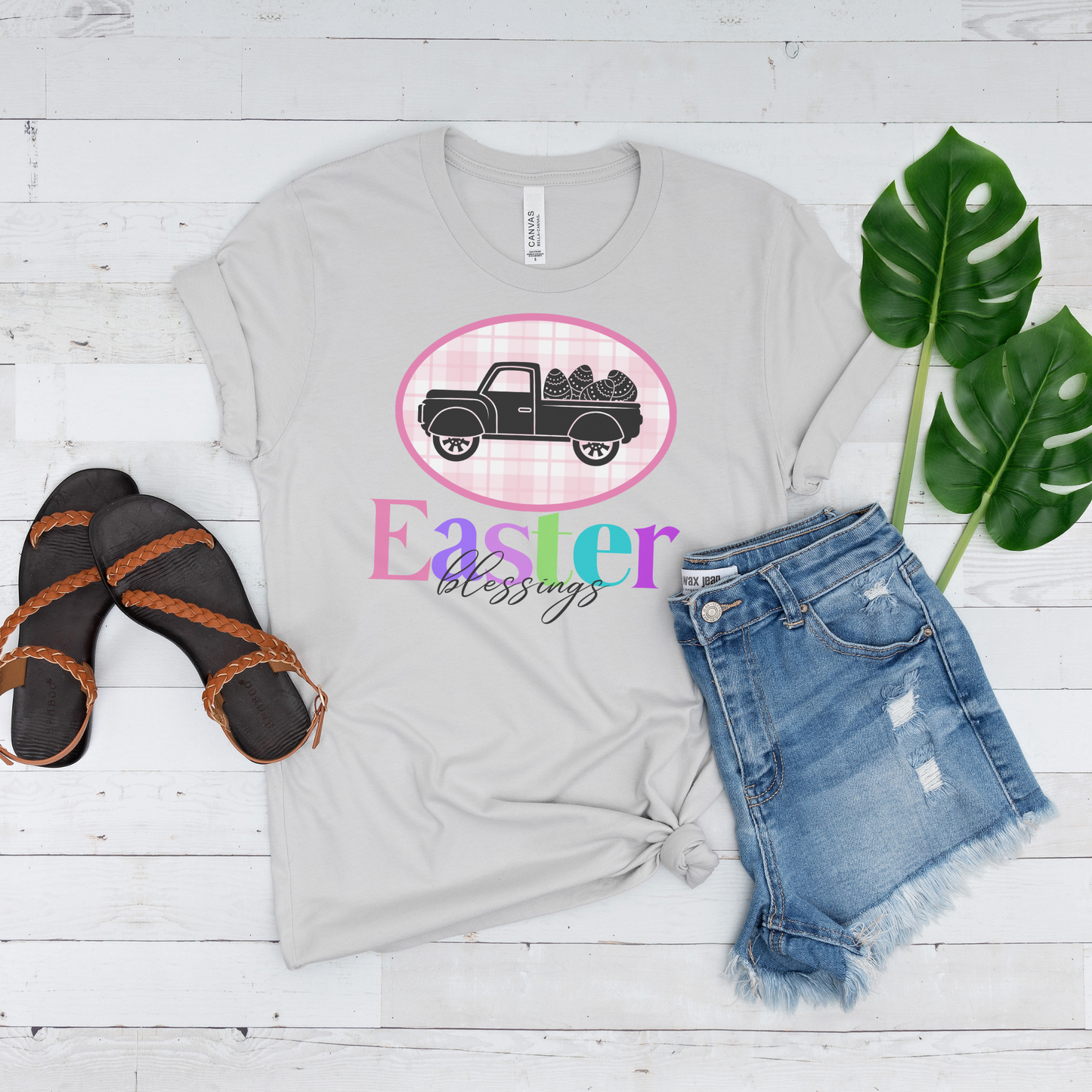 Easter Blessings Pickup Truck with Decorated Eggs Gingham Unisex Jersey Short Sleeve Tee Small-3XL