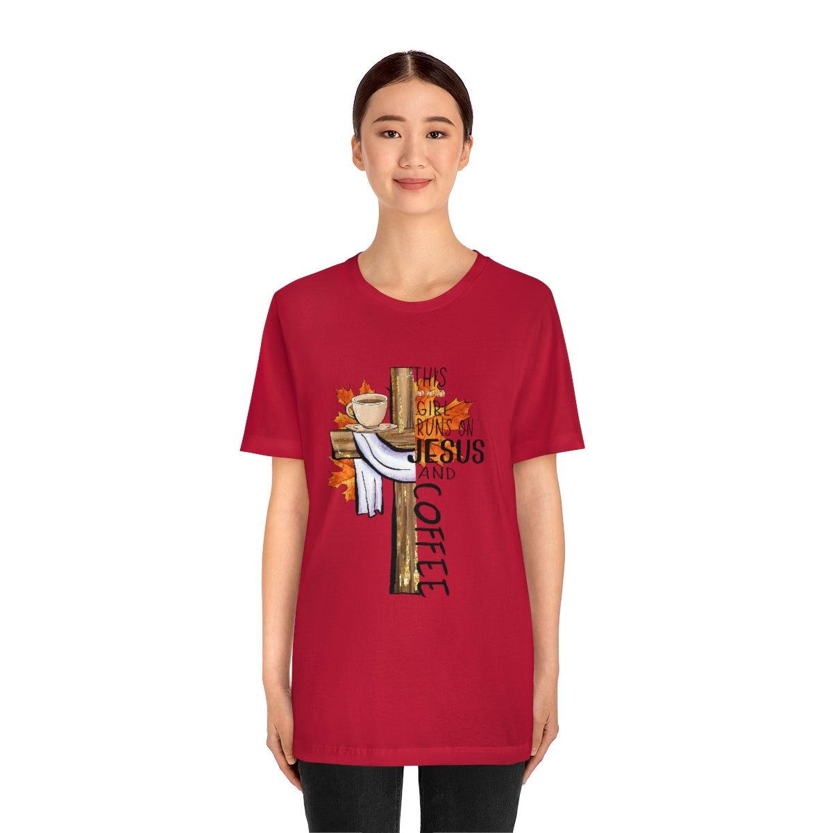 This Girl Runs on Jesus and Coffee Fall Unisex Jersey Short Sleeve Tee S-3XL