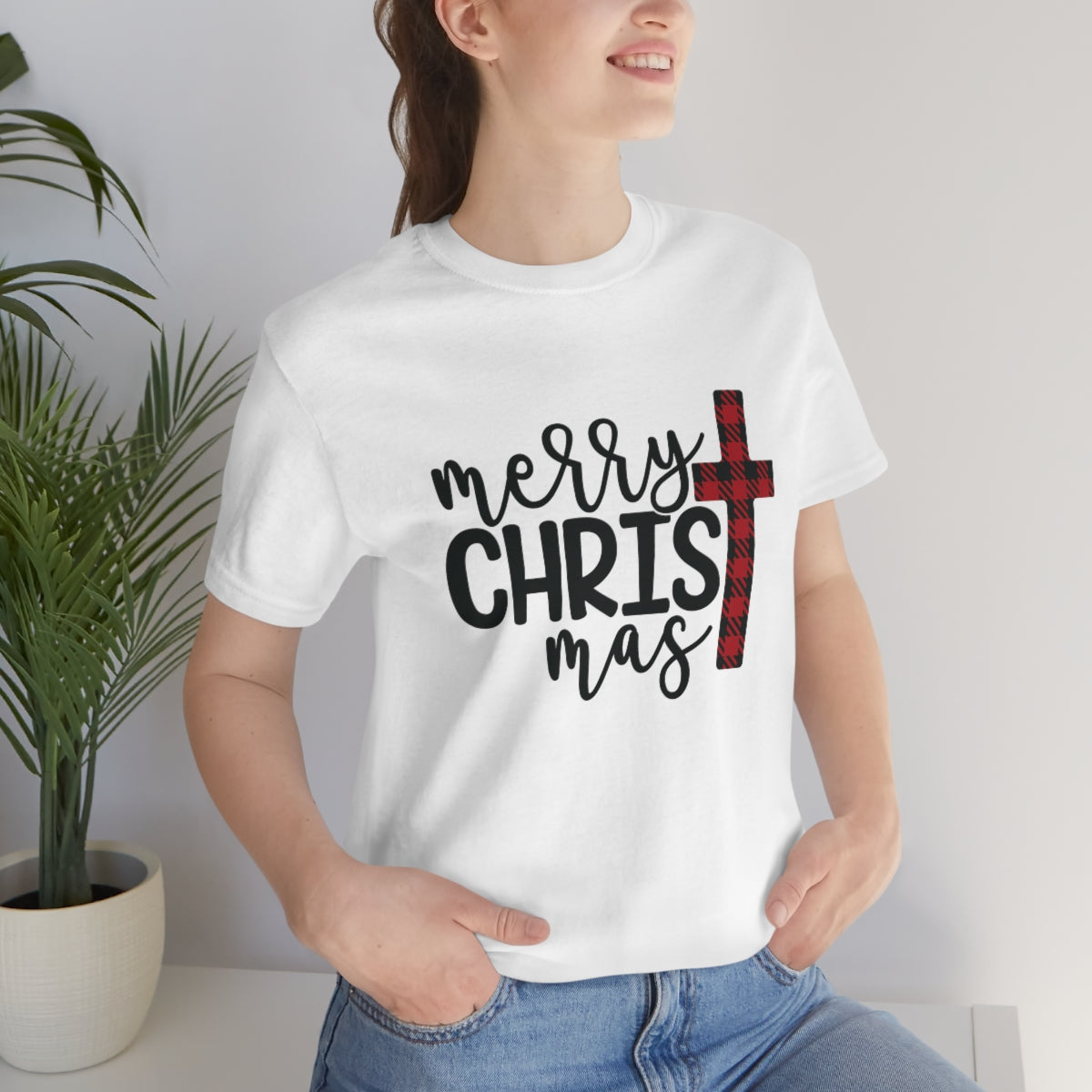 Merry Christmas with Buffalo Plaid Cross Short Sleeve Tee S-3XL