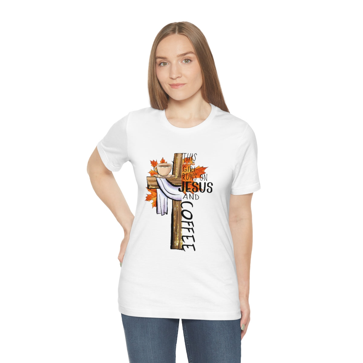 This Girl Runs on Jesus and Coffee Fall Unisex Jersey Short Sleeve Tee S-3XL