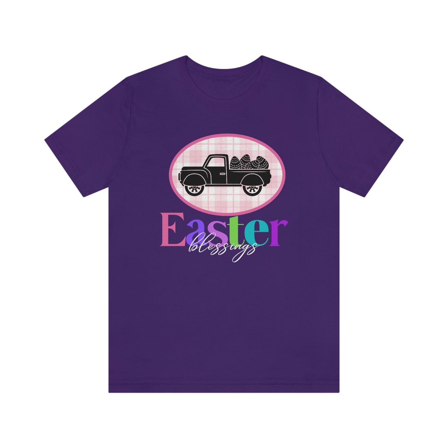 Easter Blessings Pickup Truck with Decorated Eggs Gingham Unisex Jersey Short Sleeve Tee Small-3XL