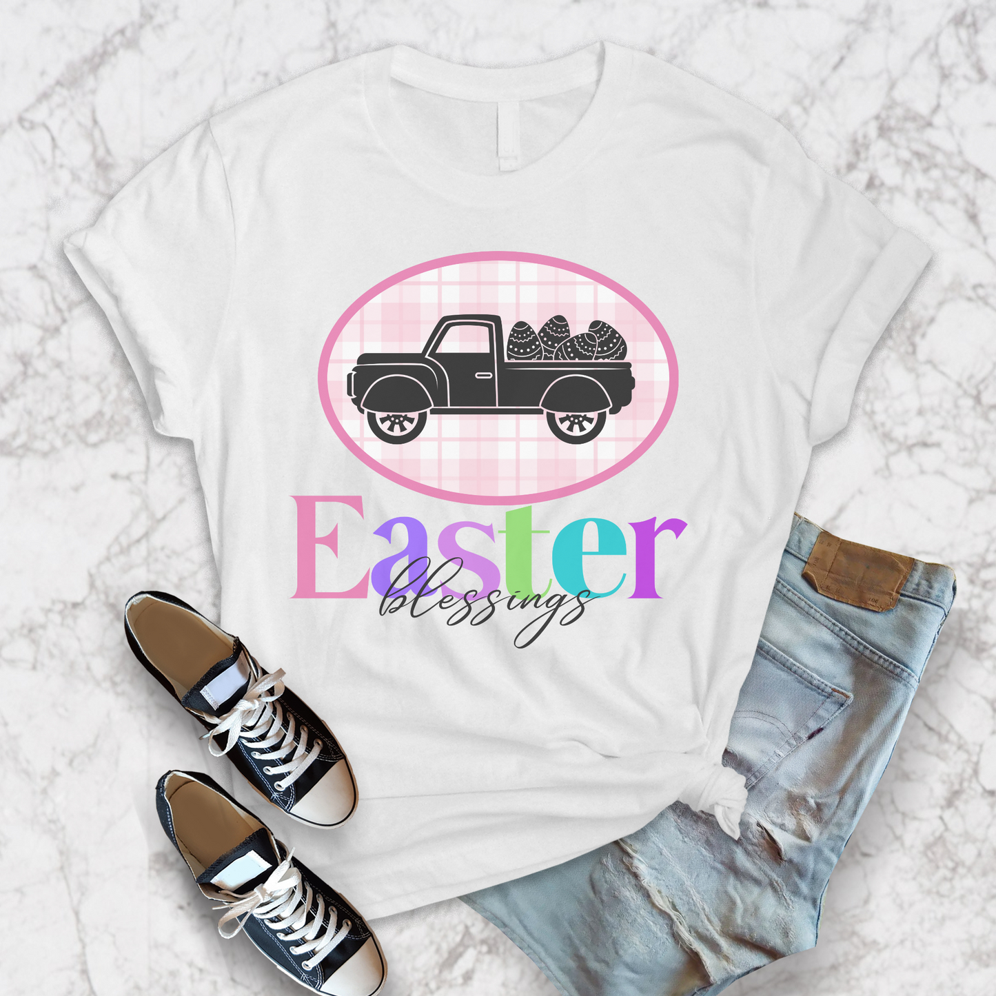 Easter Blessings Pickup Truck with Decorated Eggs Gingham Unisex Jersey Short Sleeve Tee Small-3XL