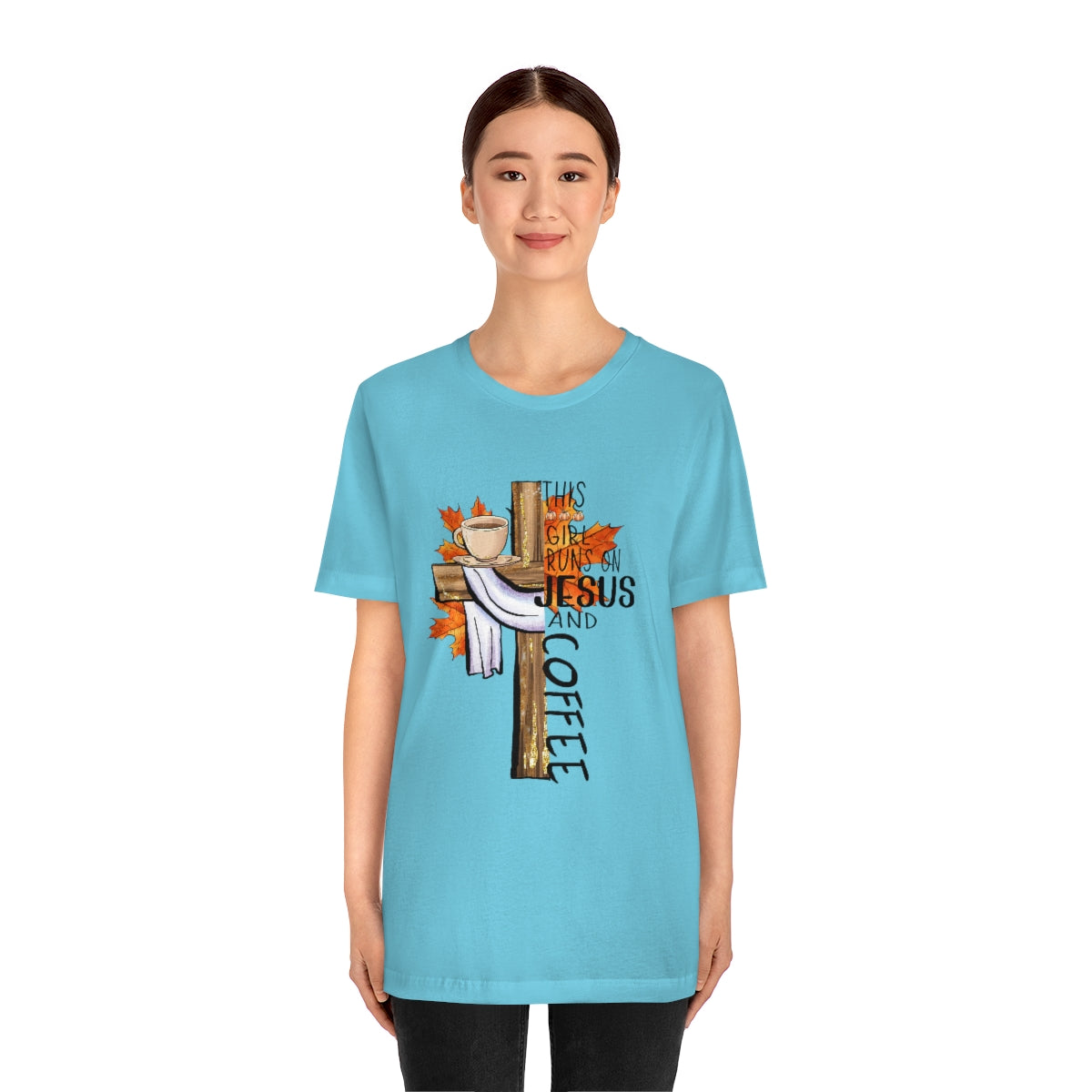 This Girl Runs on Jesus and Coffee Fall Unisex Jersey Short Sleeve Tee S-3XL