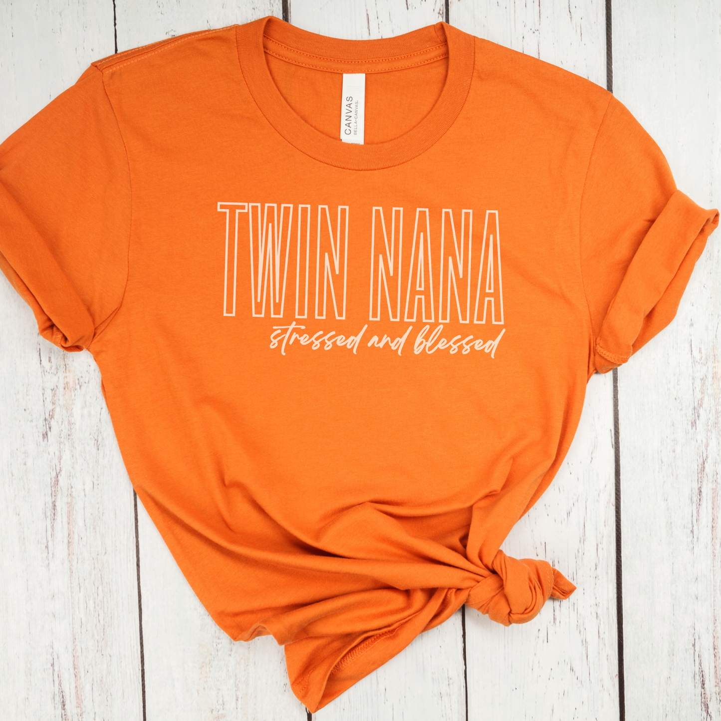 Twin Nana Stressed and Blessed White Block Hollow Letters Paint Style Script Unisex Jersey Short Sleeve Tee Small-3XL Multiples