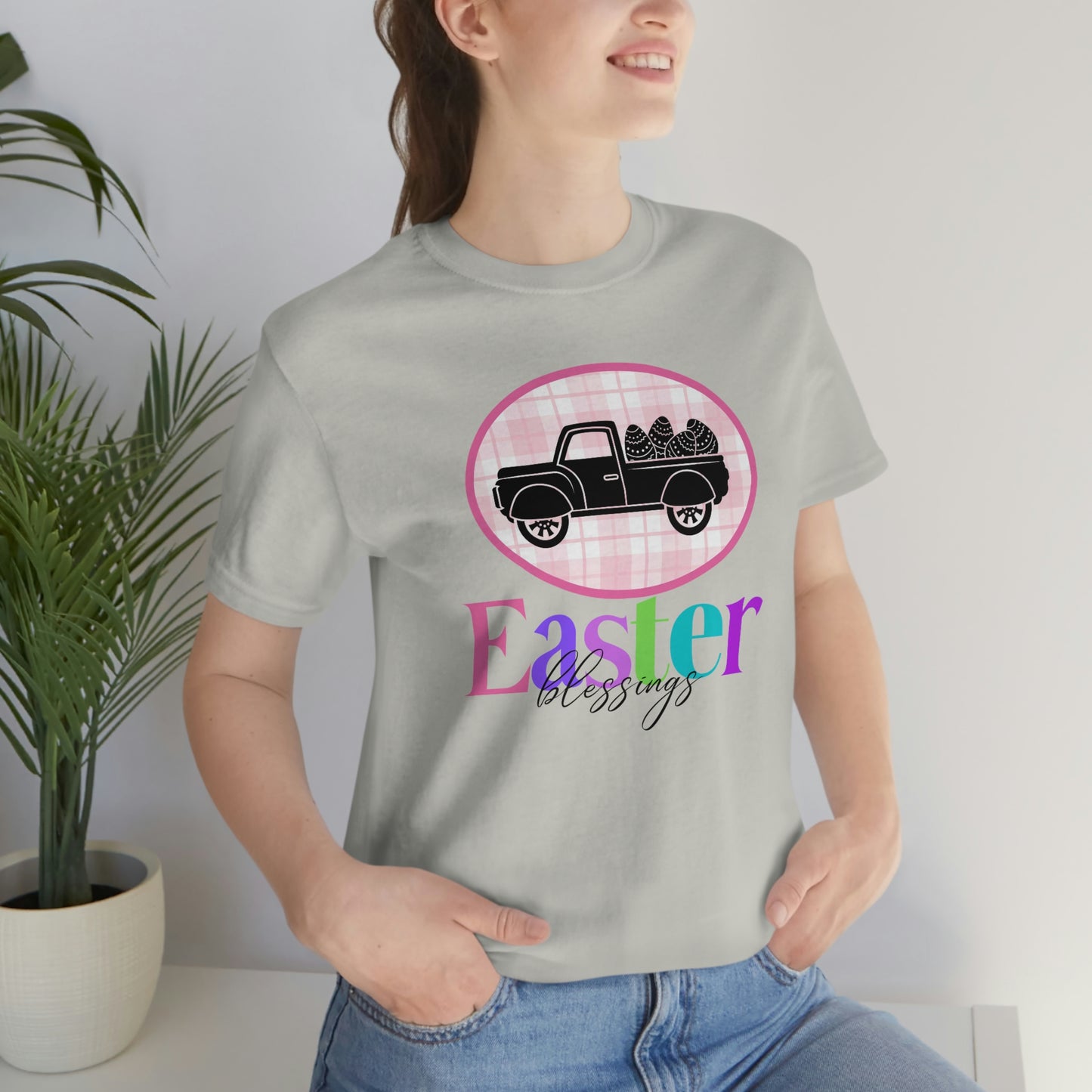 Easter Blessings Pickup Truck with Decorated Eggs Gingham Unisex Jersey Short Sleeve Tee Small-3XL