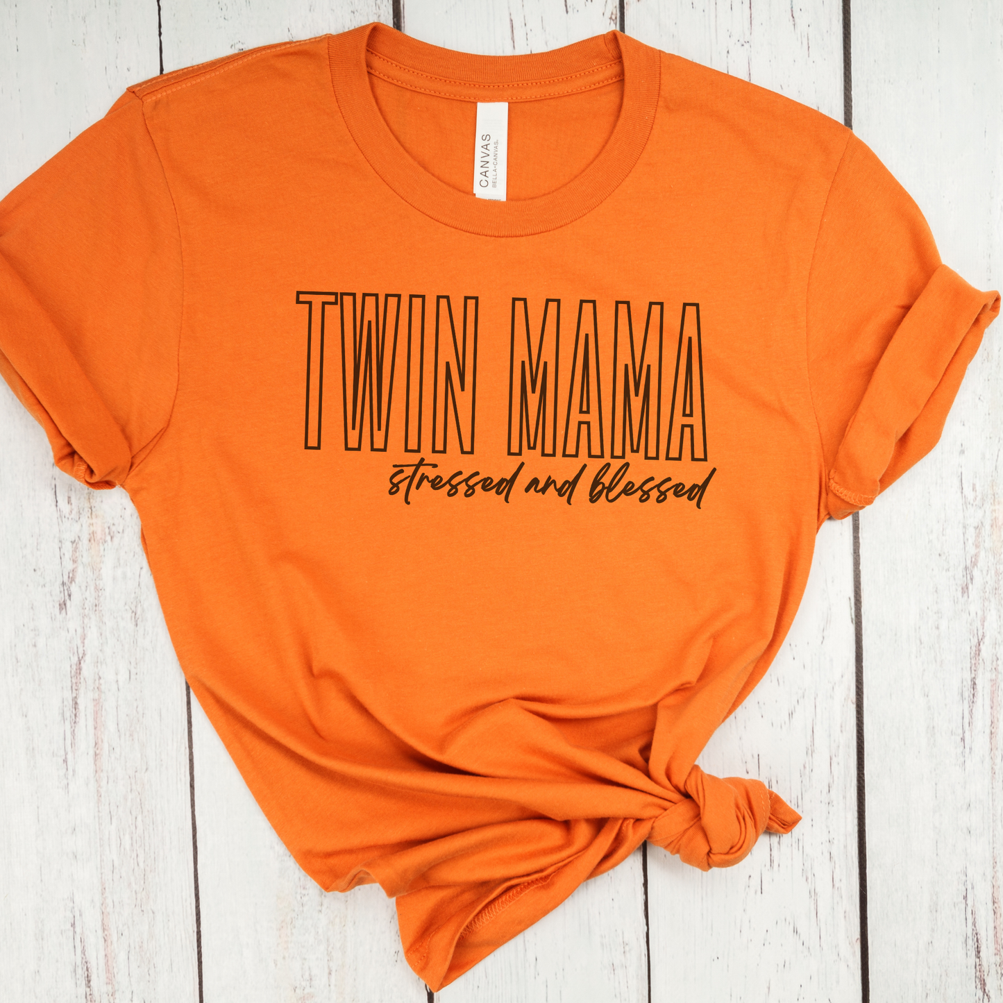 Twin Mama Stressed and Blessed Black Block Hollow Letters Paint Style Script Unisex Jersey Short Sleeve Tee Small-3XL Mother of Multiples