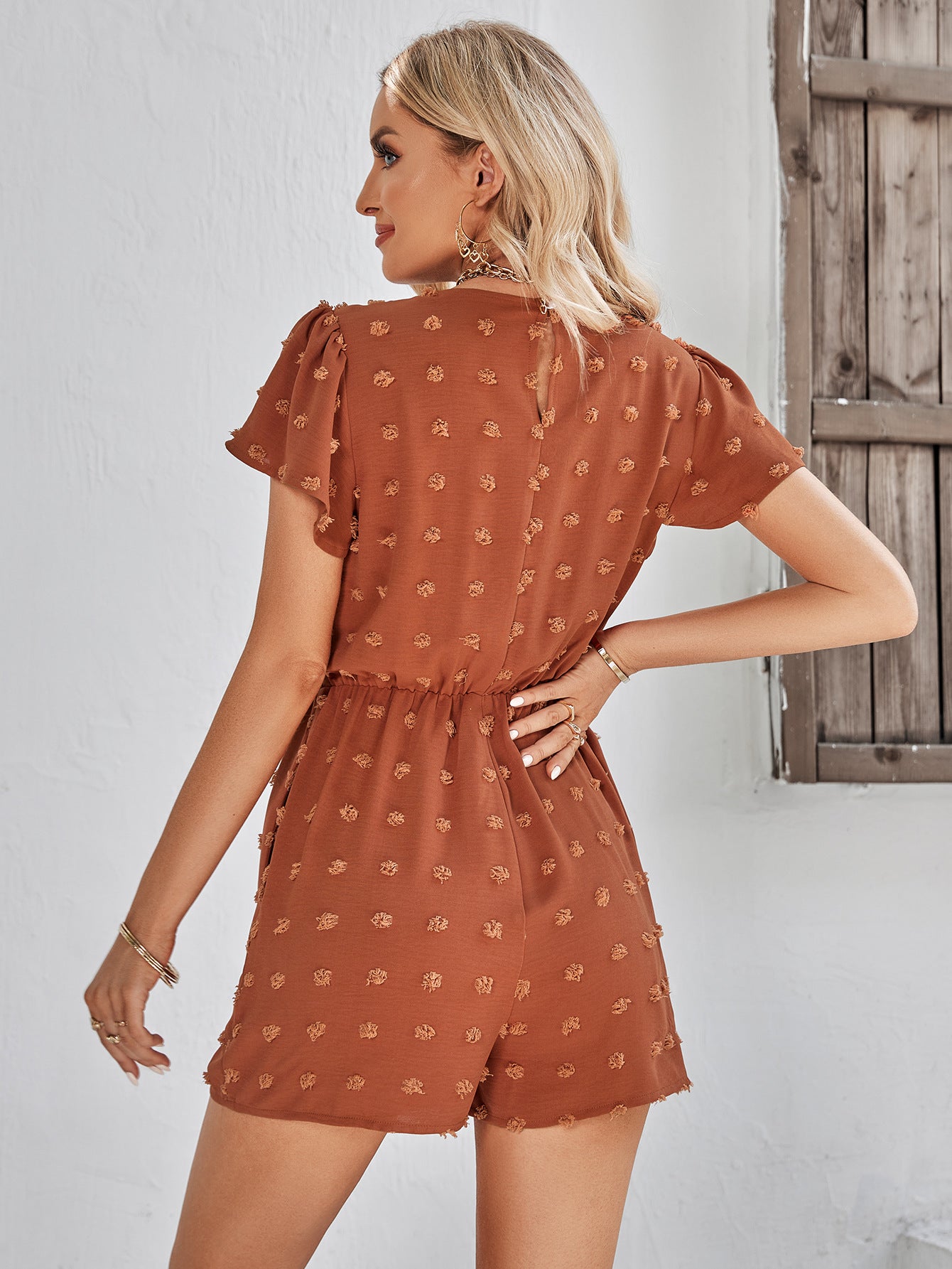 Swiss Dot Lace Trim Flutter Sleeve Romper with Pockets Small-XL