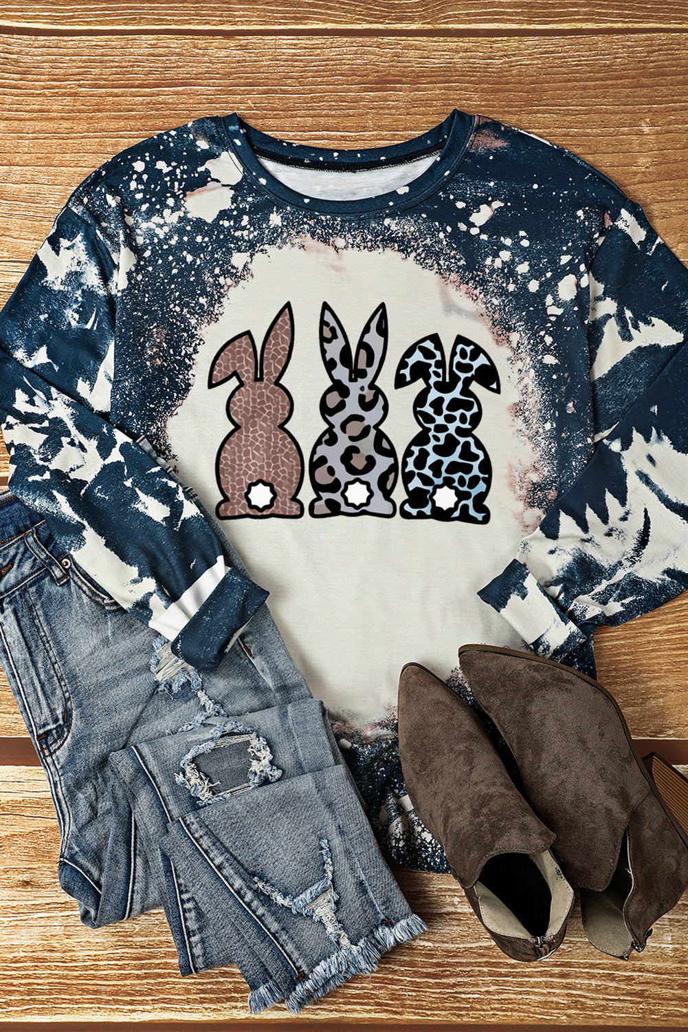 Easter Bunny Leopard Graphic Bleach Dye Long-Sleeve Top Small-2XL