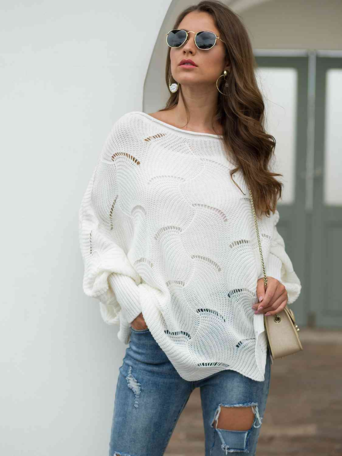 Trudy Boat Neck Lantern Sleeve Openwork Knit Top