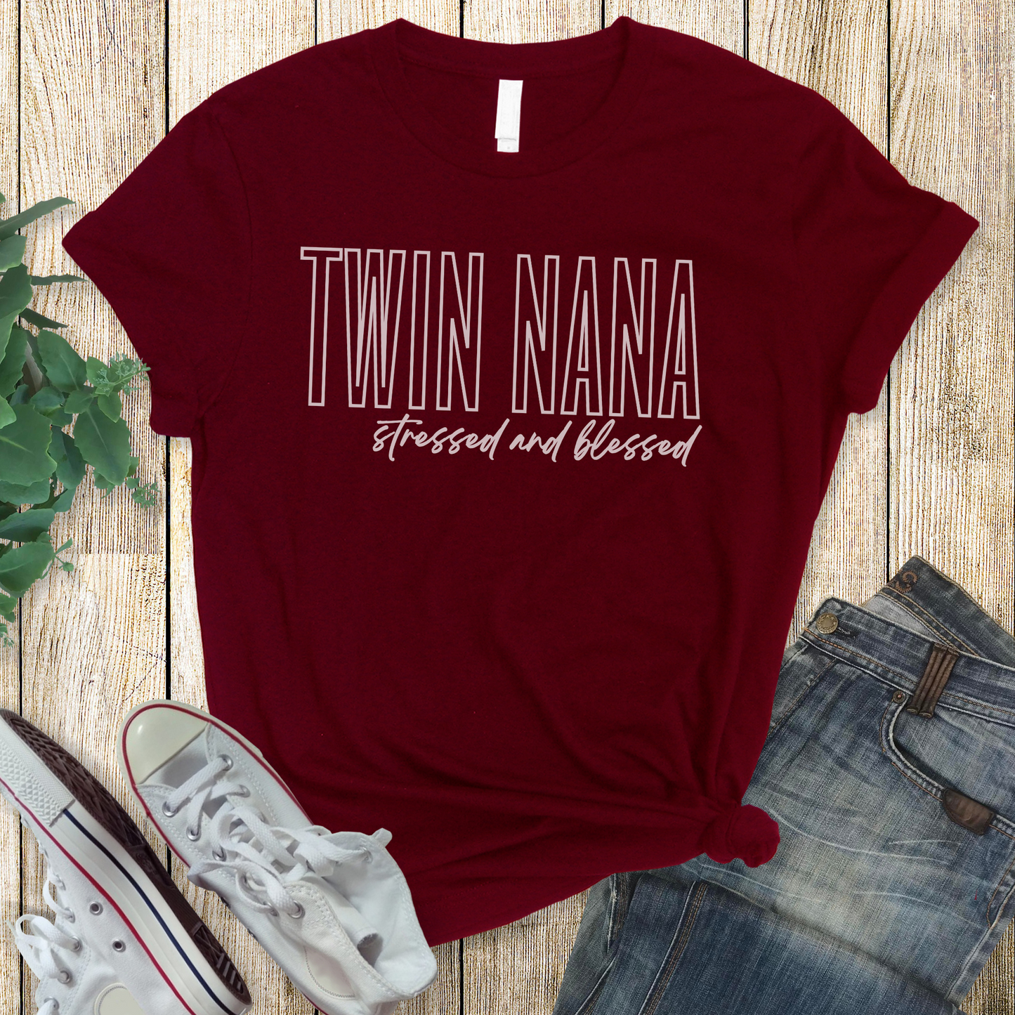 Twin Nana Stressed and Blessed White Block Hollow Letters Paint Style Script Unisex Jersey Short Sleeve Tee Small-3XL Multiples