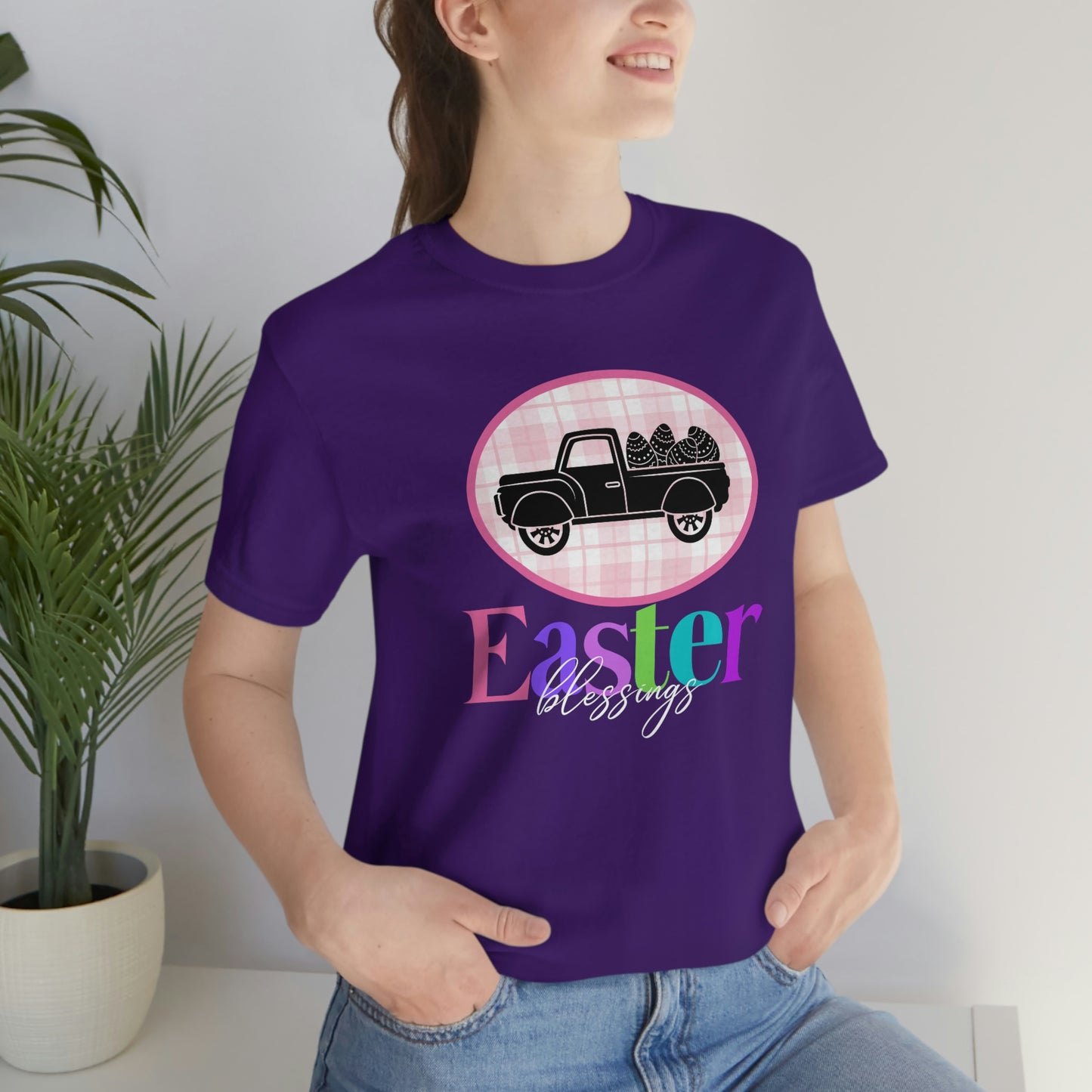 Easter Blessings Pickup Truck with Decorated Eggs Gingham Unisex Jersey Short Sleeve Tee Small-3XL