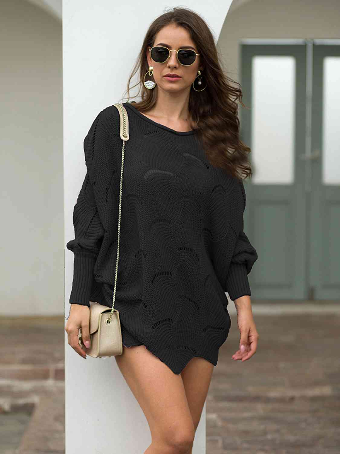 Trudy Boat Neck Lantern Sleeve Openwork Knit Top