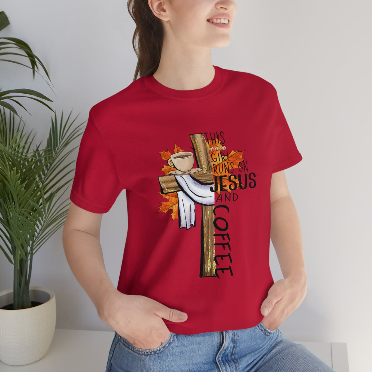 This Girl Runs on Jesus and Coffee Fall Unisex Jersey Short Sleeve Tee S-3XL