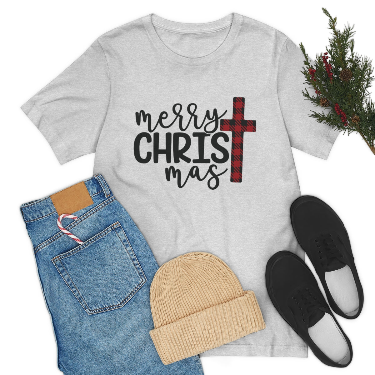 Merry Christmas with Buffalo Plaid Cross Short Sleeve Tee S-3XL