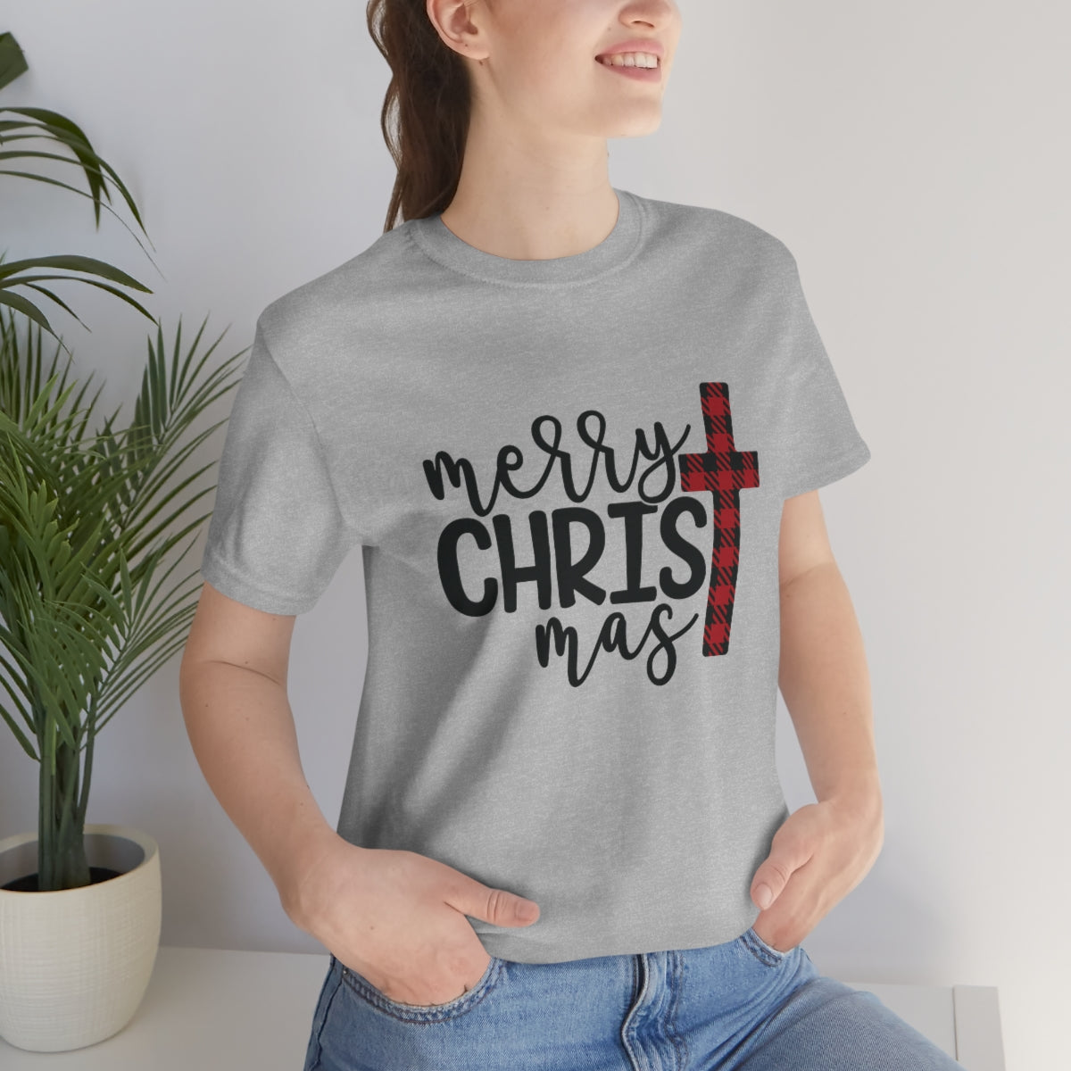 Merry Christmas with Buffalo Plaid Cross Short Sleeve Tee S-3XL