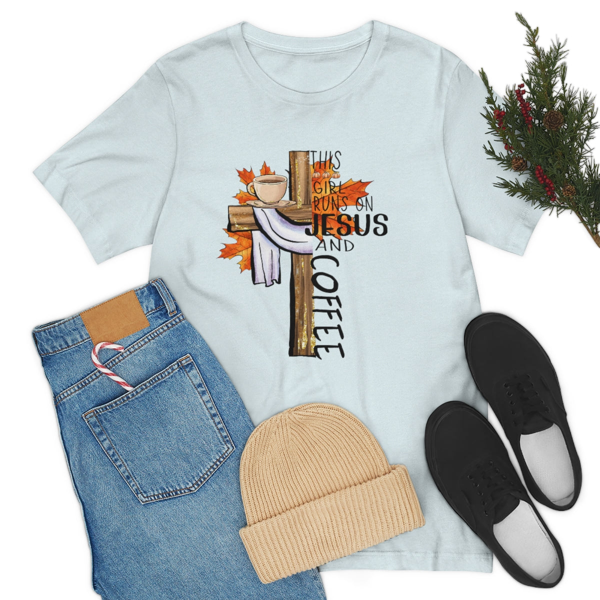 This Girl Runs on Jesus and Coffee Fall Unisex Jersey Short Sleeve Tee S-3XL