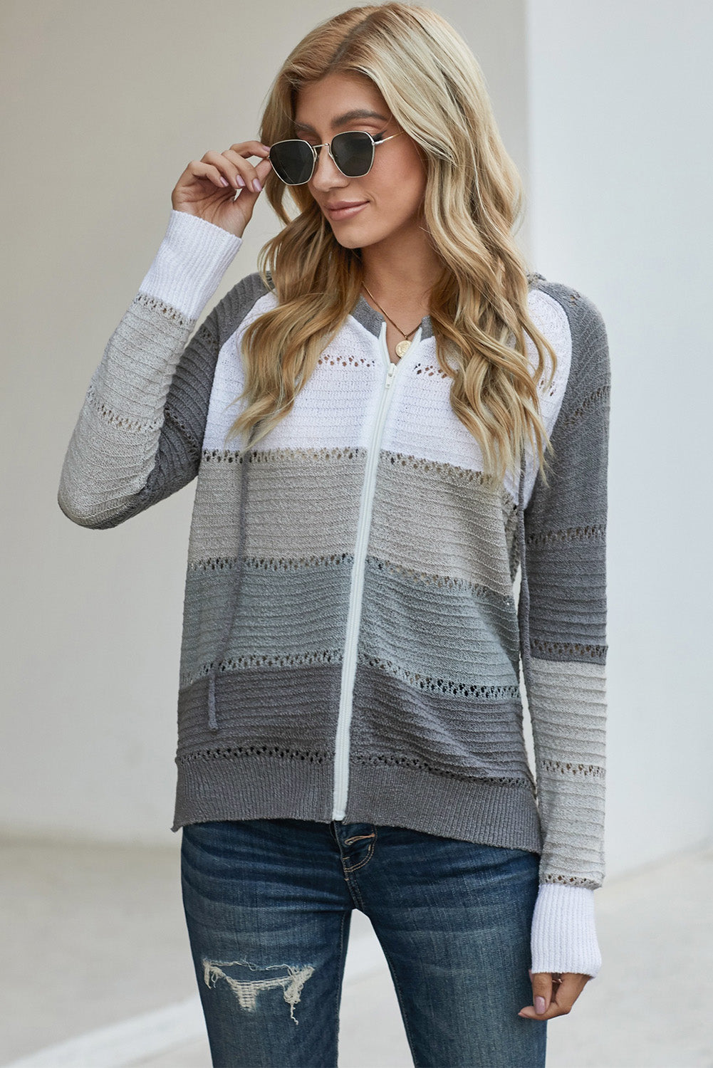 Zip-Up Raglan Sleeve Openwork Hooded Cardigan S-2XL
