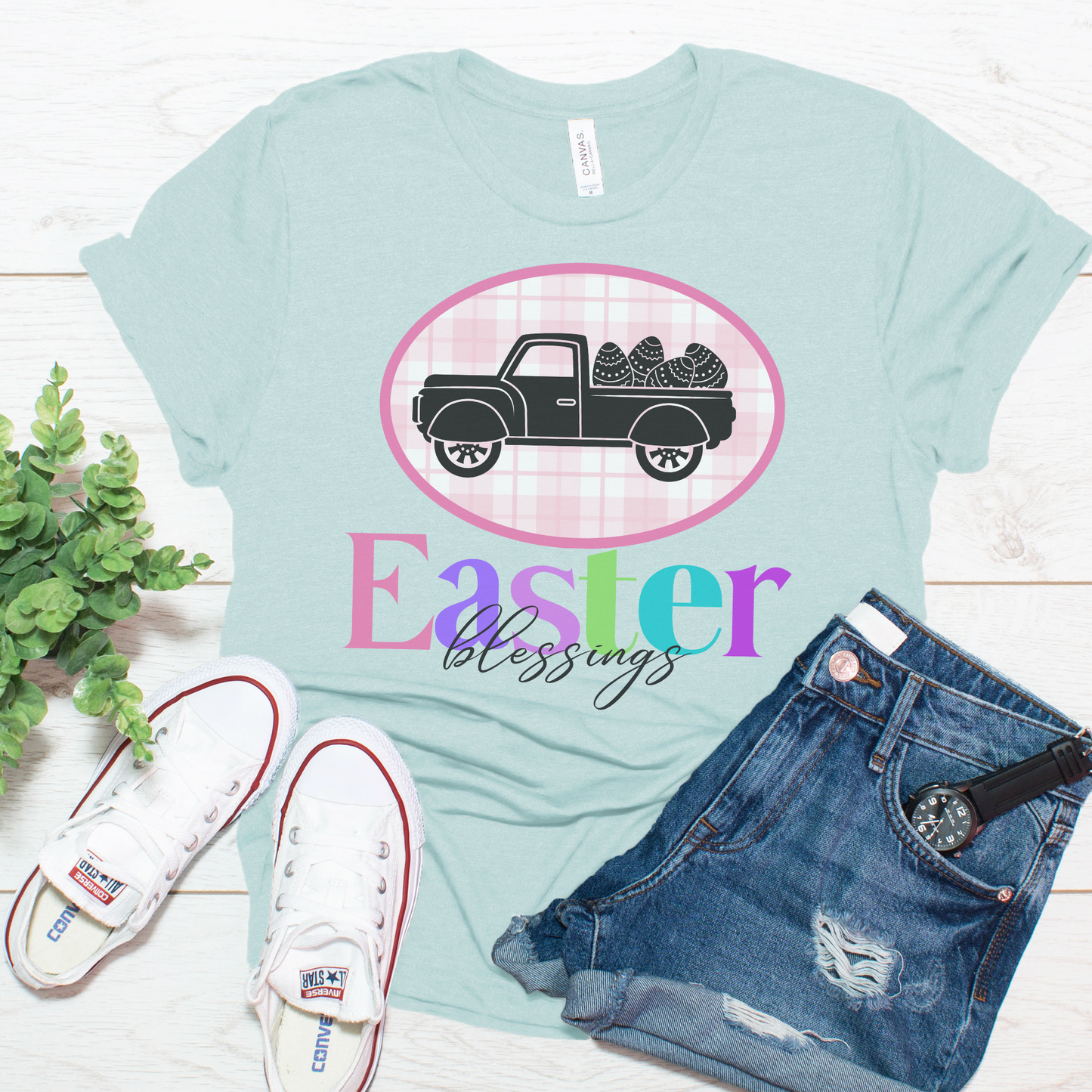 Easter Blessings Pickup Truck with Decorated Eggs Gingham Unisex Jersey Short Sleeve Tee Small-3XL