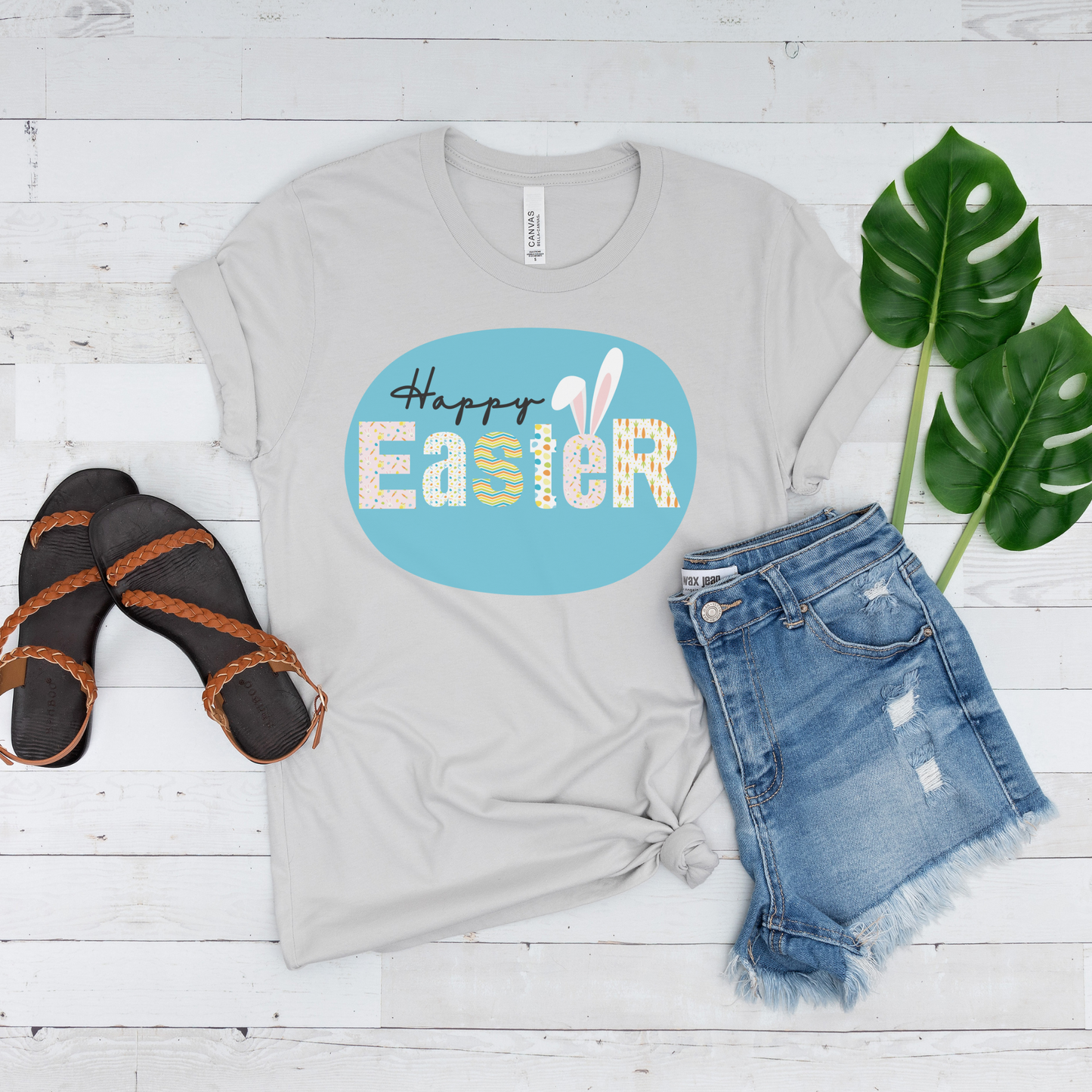 Happy Easter Decorated Letters with Bunny Ears Spring Unisex Jersey Short Sleeve Tee Small-3XL