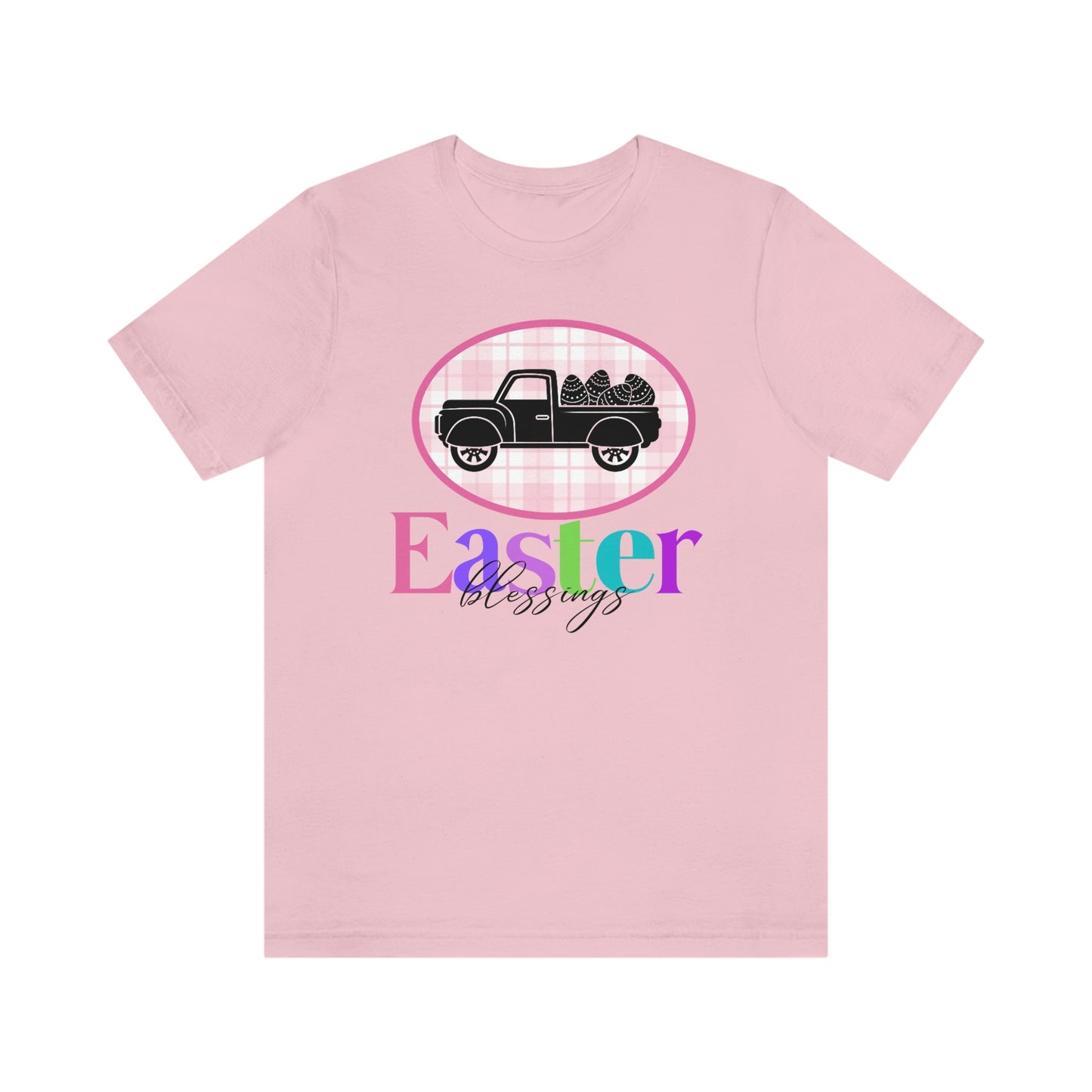 Easter Blessings Pickup Truck with Decorated Eggs Gingham Unisex Jersey Short Sleeve Tee Small-3XL
