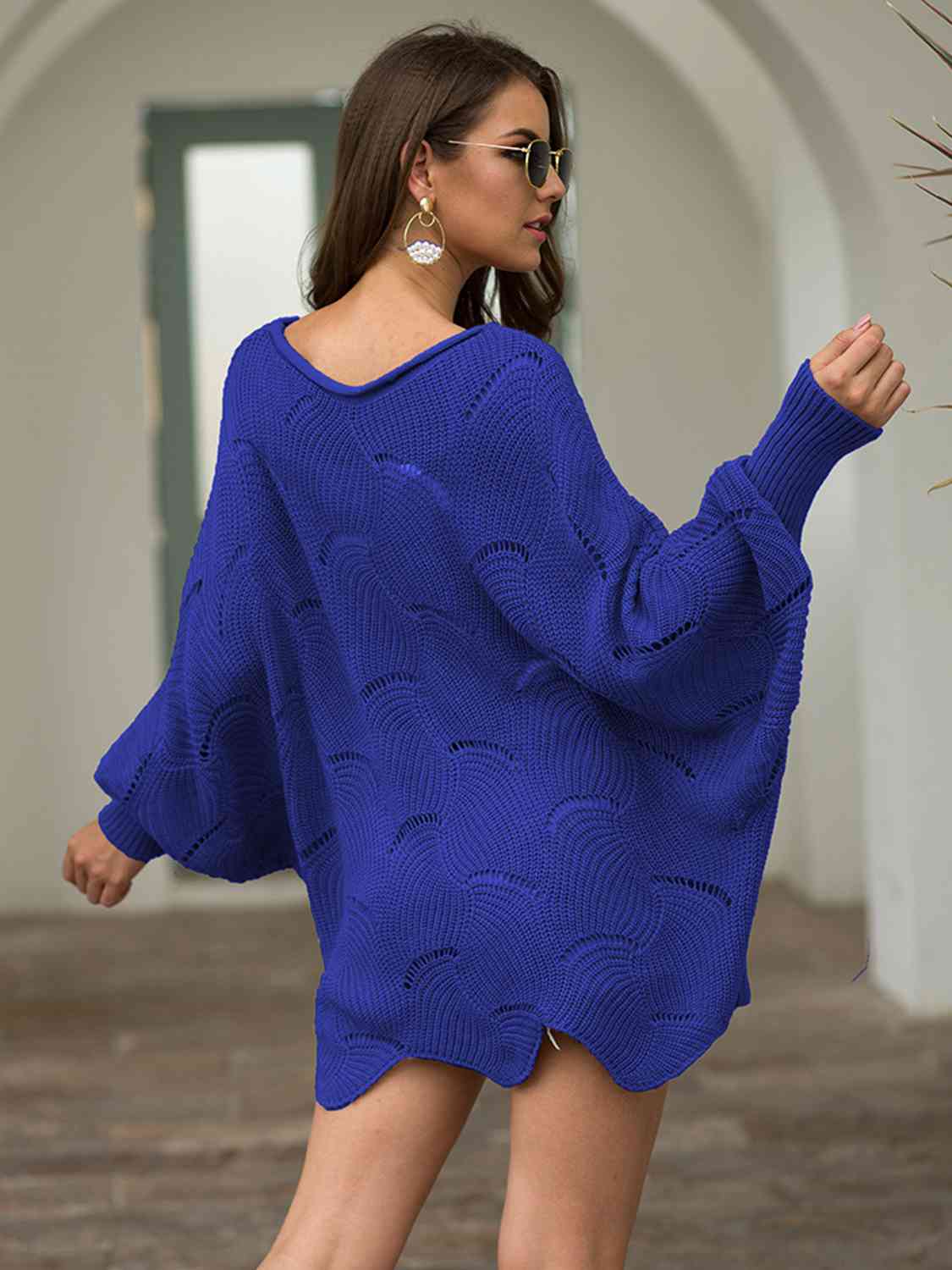 Trudy Boat Neck Lantern Sleeve Openwork Knit Top