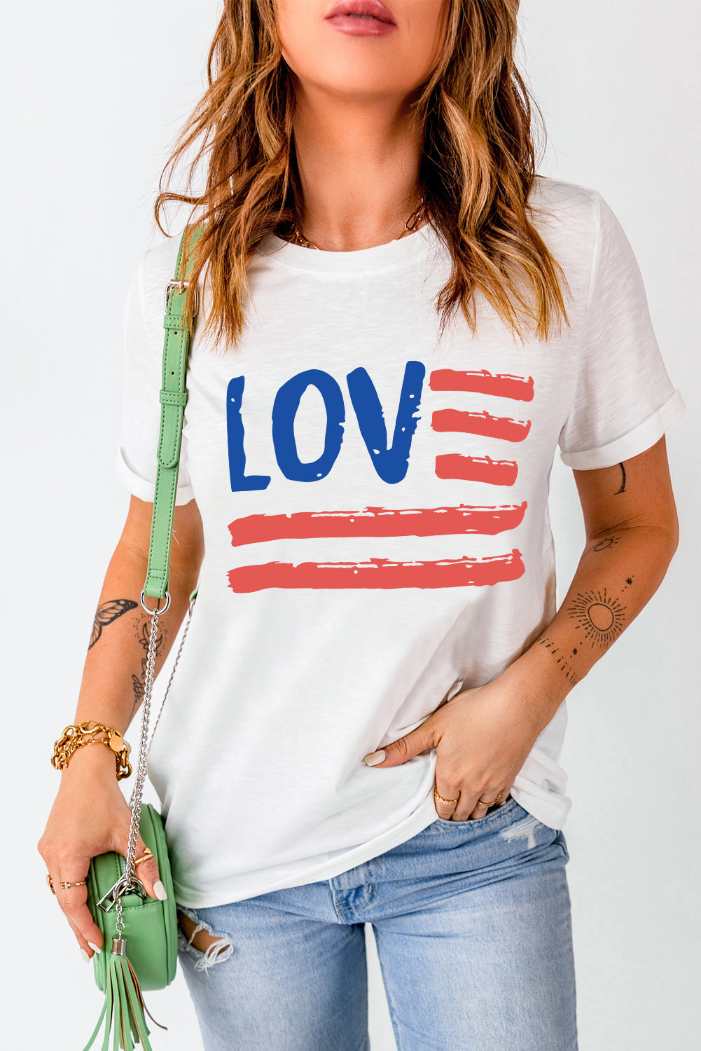 LOVE US Flag Graphic Round Neck Short Sleeve Tee S-2XL