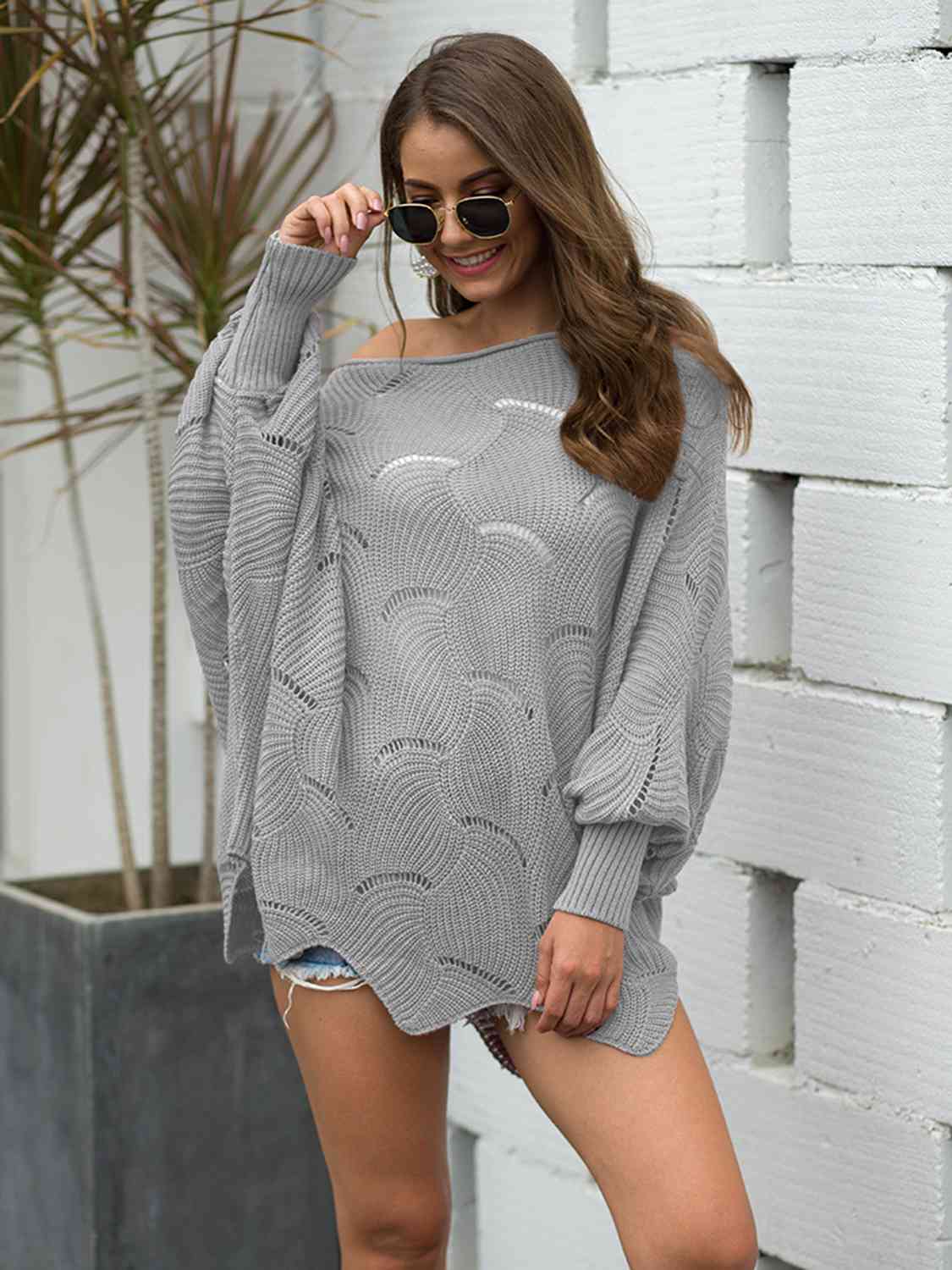 Trudy Boat Neck Lantern Sleeve Openwork Knit Top