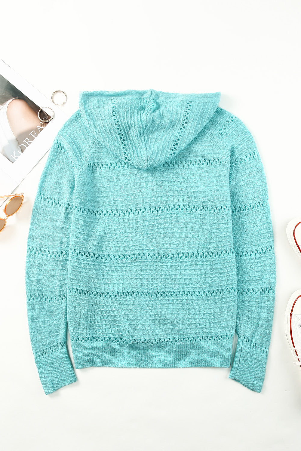 Zip-Up Raglan Sleeve Openwork Hooded Cardigan S-2XL
