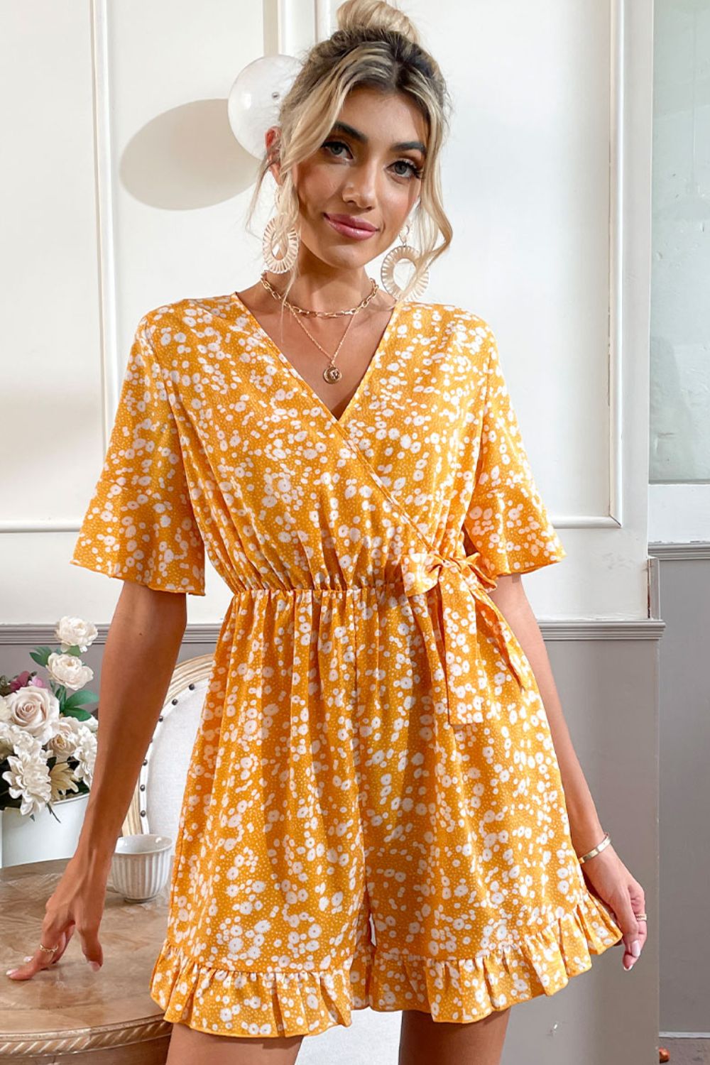 Nikki Printed Surplice Neck Ruffled Romper XS-2XL