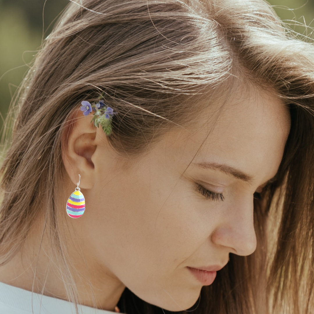 Easter Egg Brightly Striped Hook Style Earrings with Silver Hardware