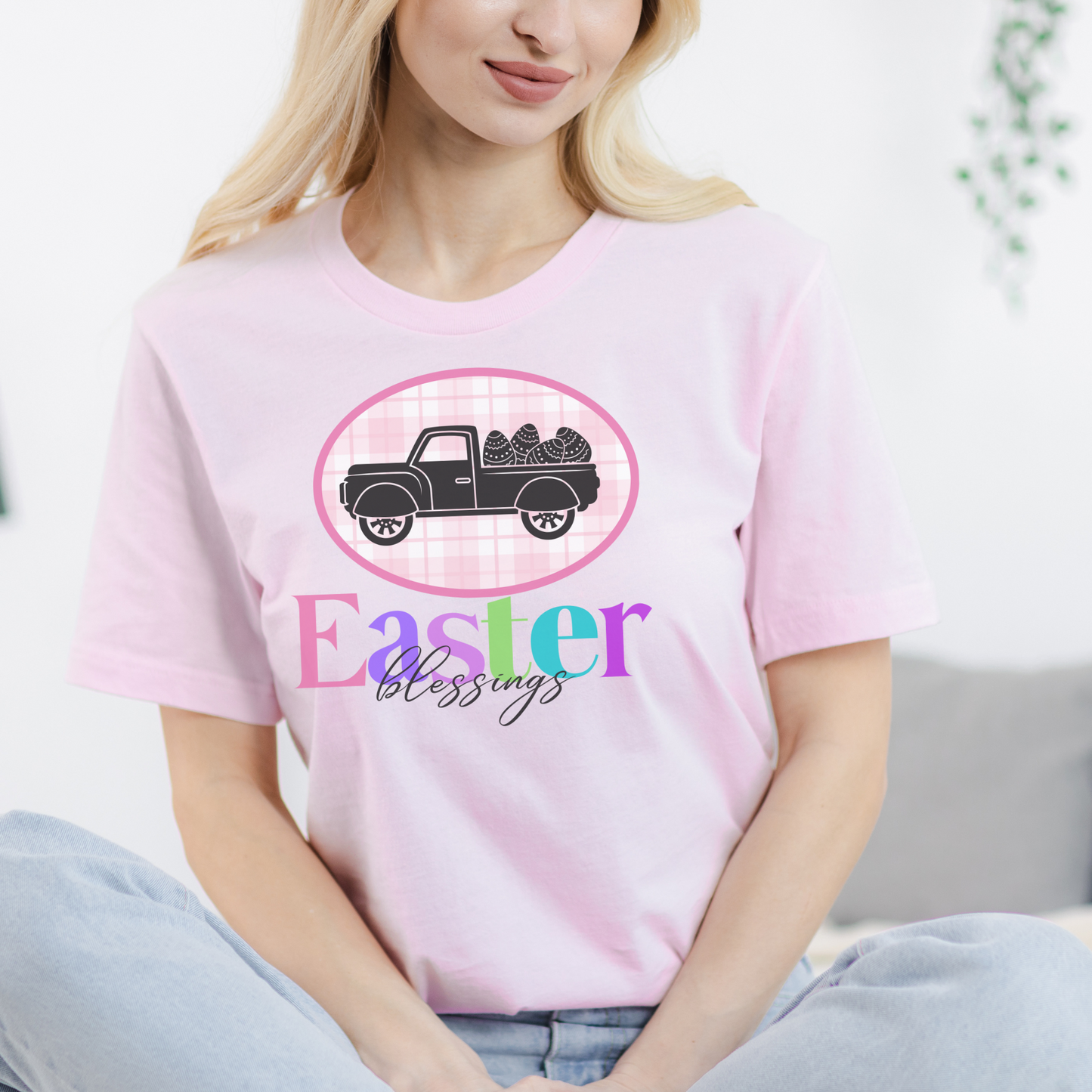 Easter Blessings Pickup Truck with Decorated Eggs Gingham Unisex Jersey Short Sleeve Tee Small-3XL