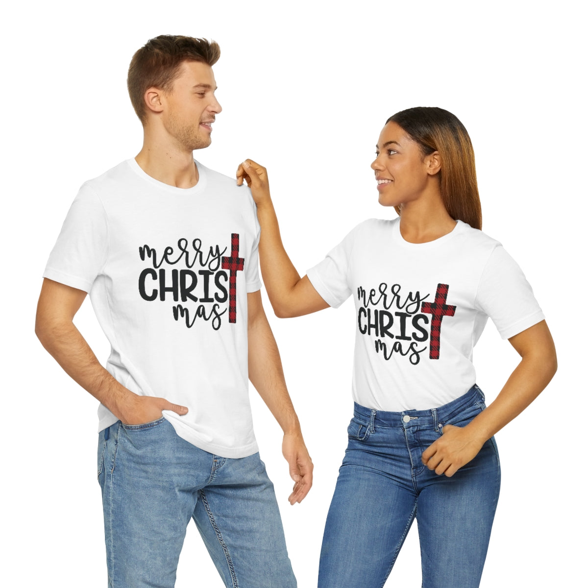 Merry Christmas with Buffalo Plaid Cross Short Sleeve Tee S-3XL