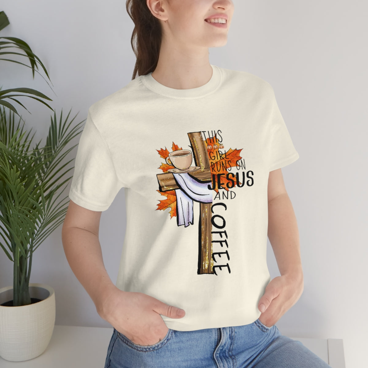 This Girl Runs on Jesus and Coffee Fall Unisex Jersey Short Sleeve Tee S-3XL