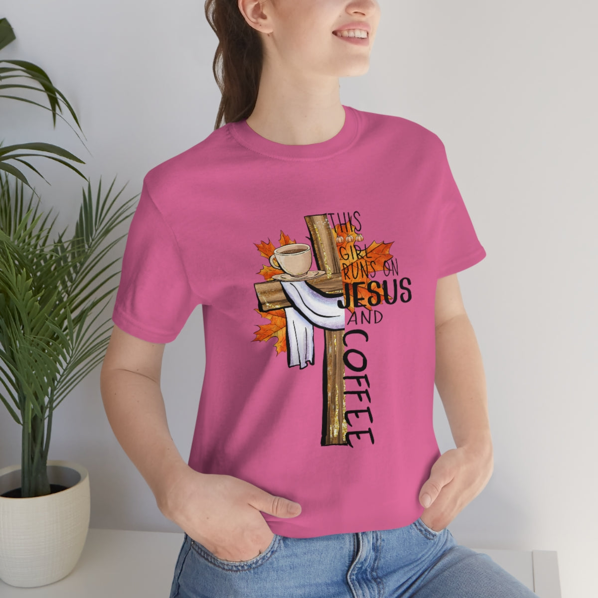 This Girl Runs on Jesus and Coffee Fall Unisex Jersey Short Sleeve Tee S-3XL