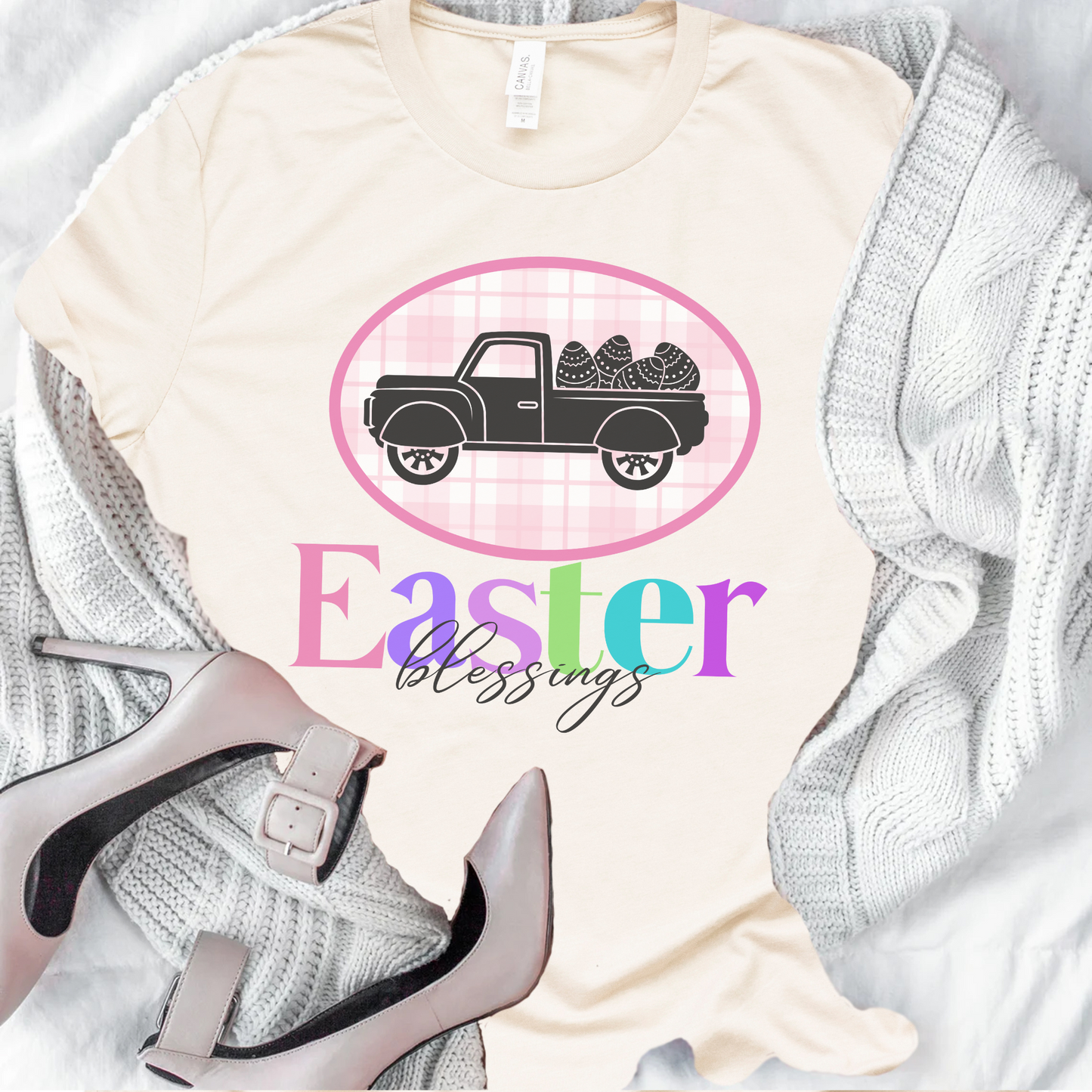 Easter Blessings Pickup Truck with Decorated Eggs Gingham Unisex Jersey Short Sleeve Tee Small-3XL