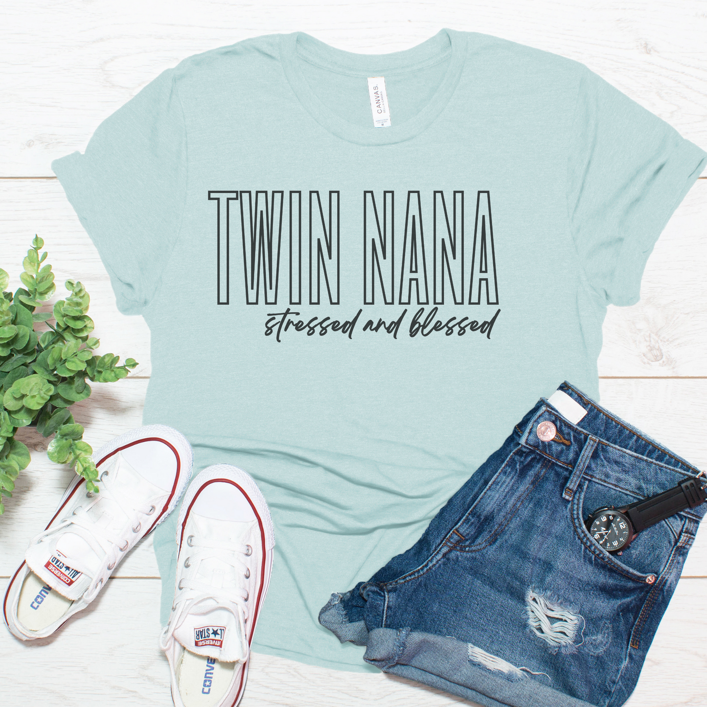 Twin Nana Stressed and Blessed Black Block Hollow Letters Paint Style Script Unisex Jersey Short Sleeve Tee Small-3XL Multiples