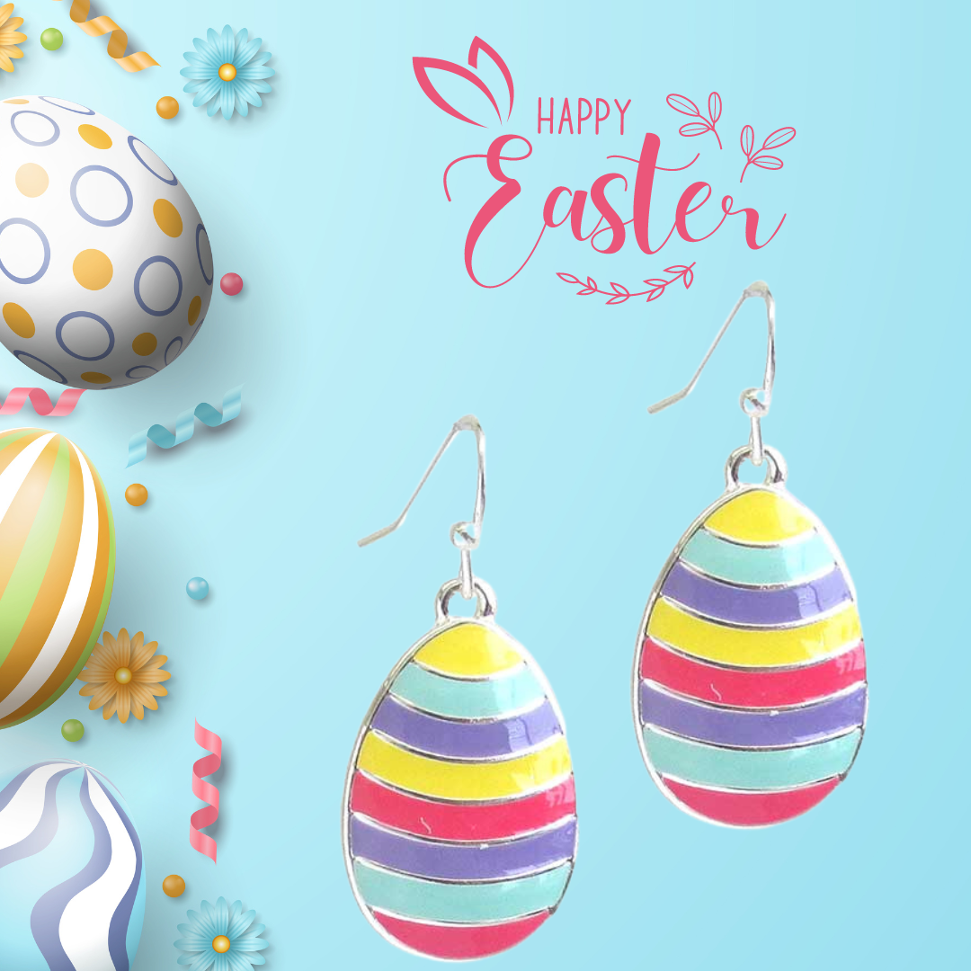Easter Egg Brightly Striped Hook Style Earrings with Silver Hardware