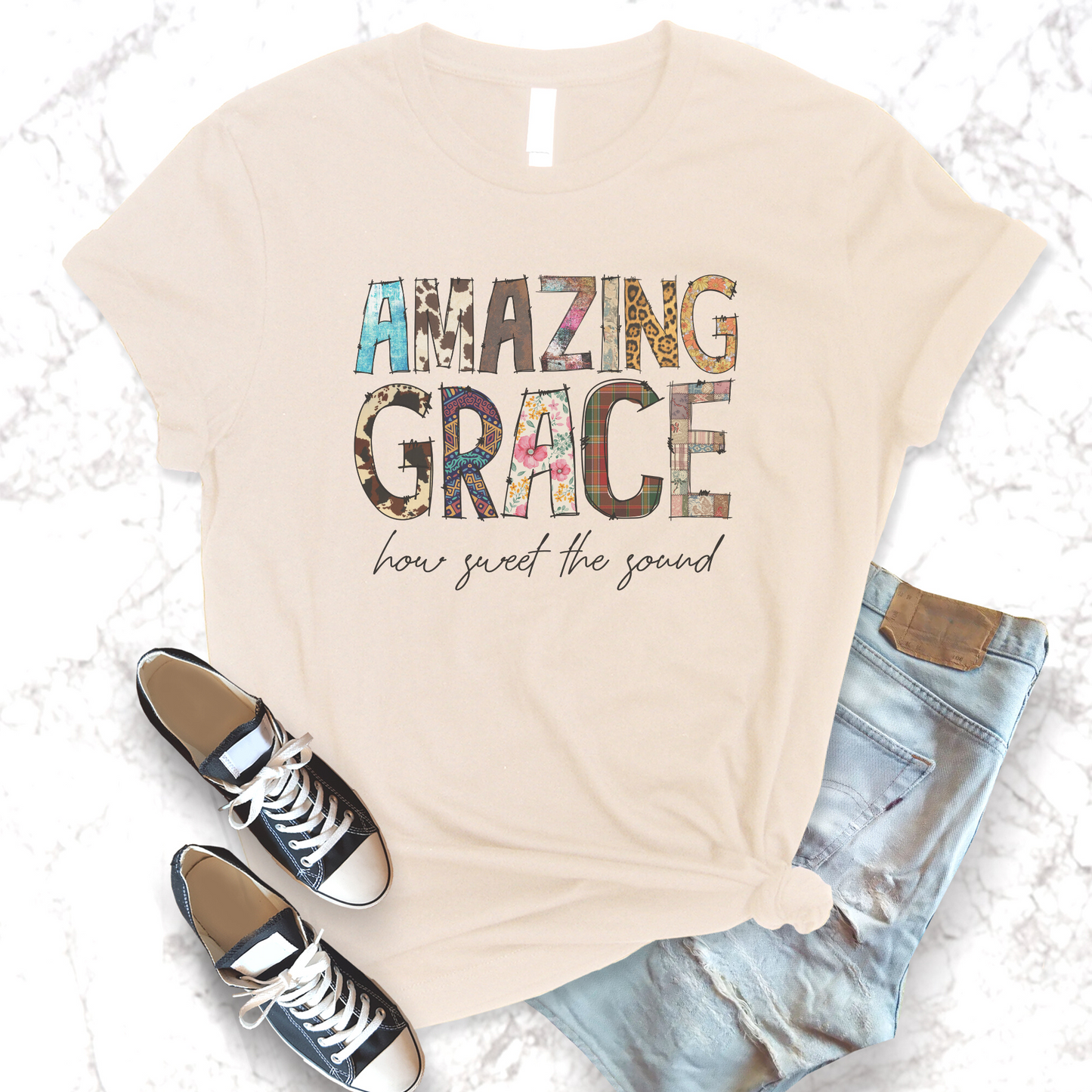 Amazing Grace Mixed Media Look Unisex Jersey Short Sleeve Tee S-3XL