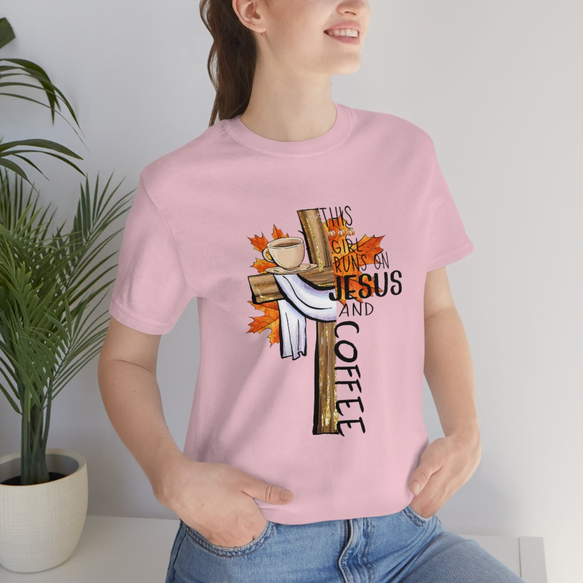This Girl Runs on Jesus and Coffee Fall Unisex Jersey Short Sleeve Tee S-3XL