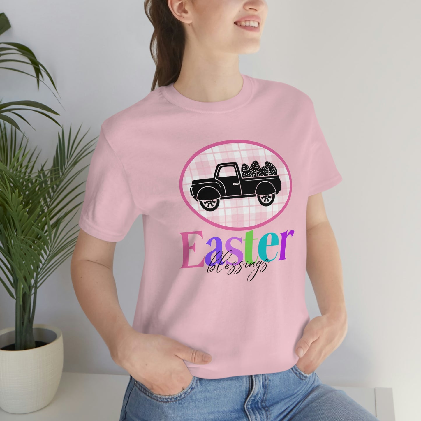 Easter Blessings Pickup Truck with Decorated Eggs Gingham Unisex Jersey Short Sleeve Tee Small-3XL